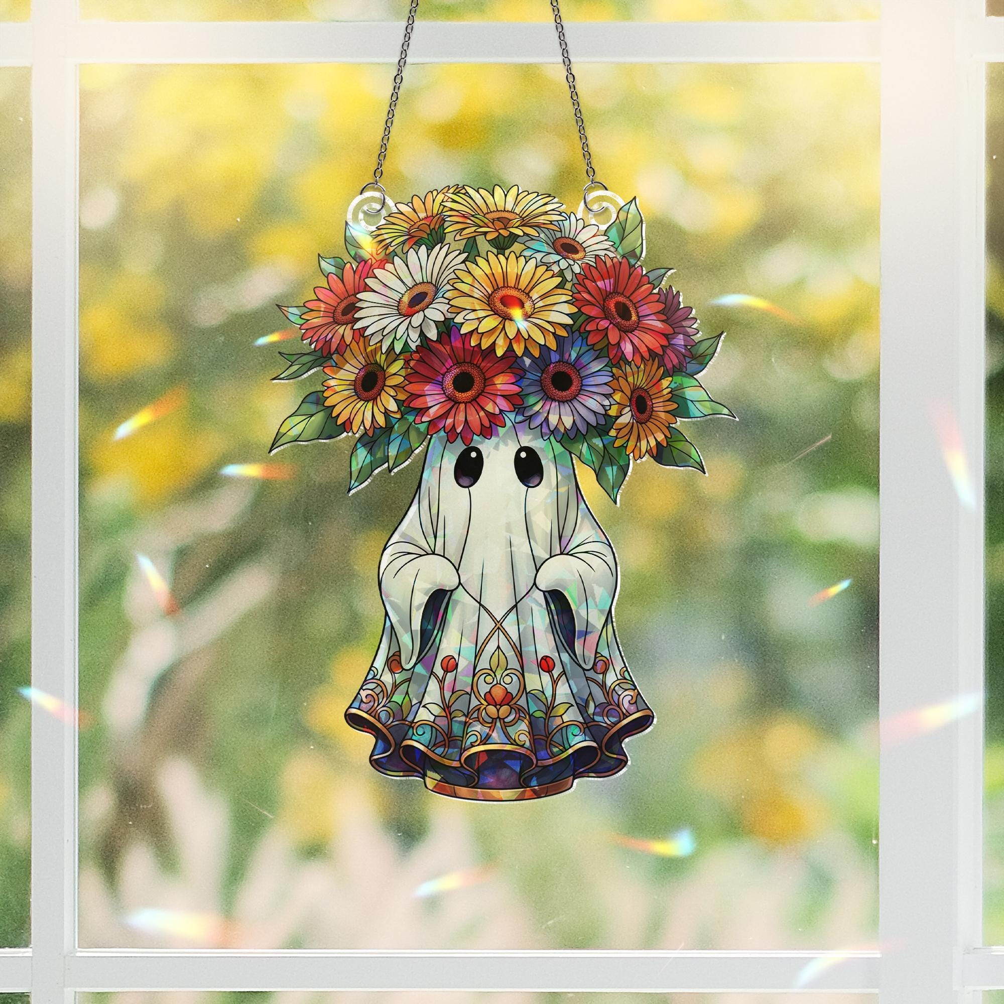 Cute Ghost Flower Suncatcher – Holographic Stained Glass Ghost with Daisy Crown Window Hanging, Gothic Fall Halloween Window Decor