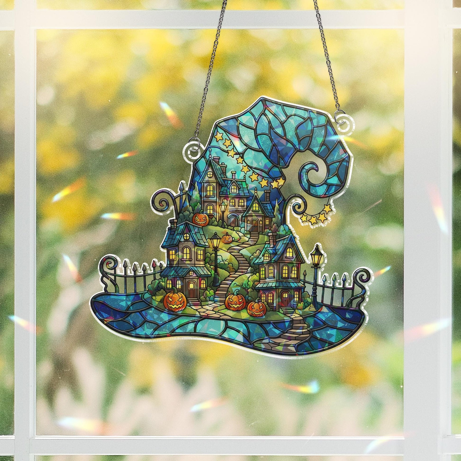 Witch Hat Halloween Village Hologram Ornament – Halloween Window Hanging with Pumpkins, Haunted Houses – Spooky Fall Decor, Witch Wall Art