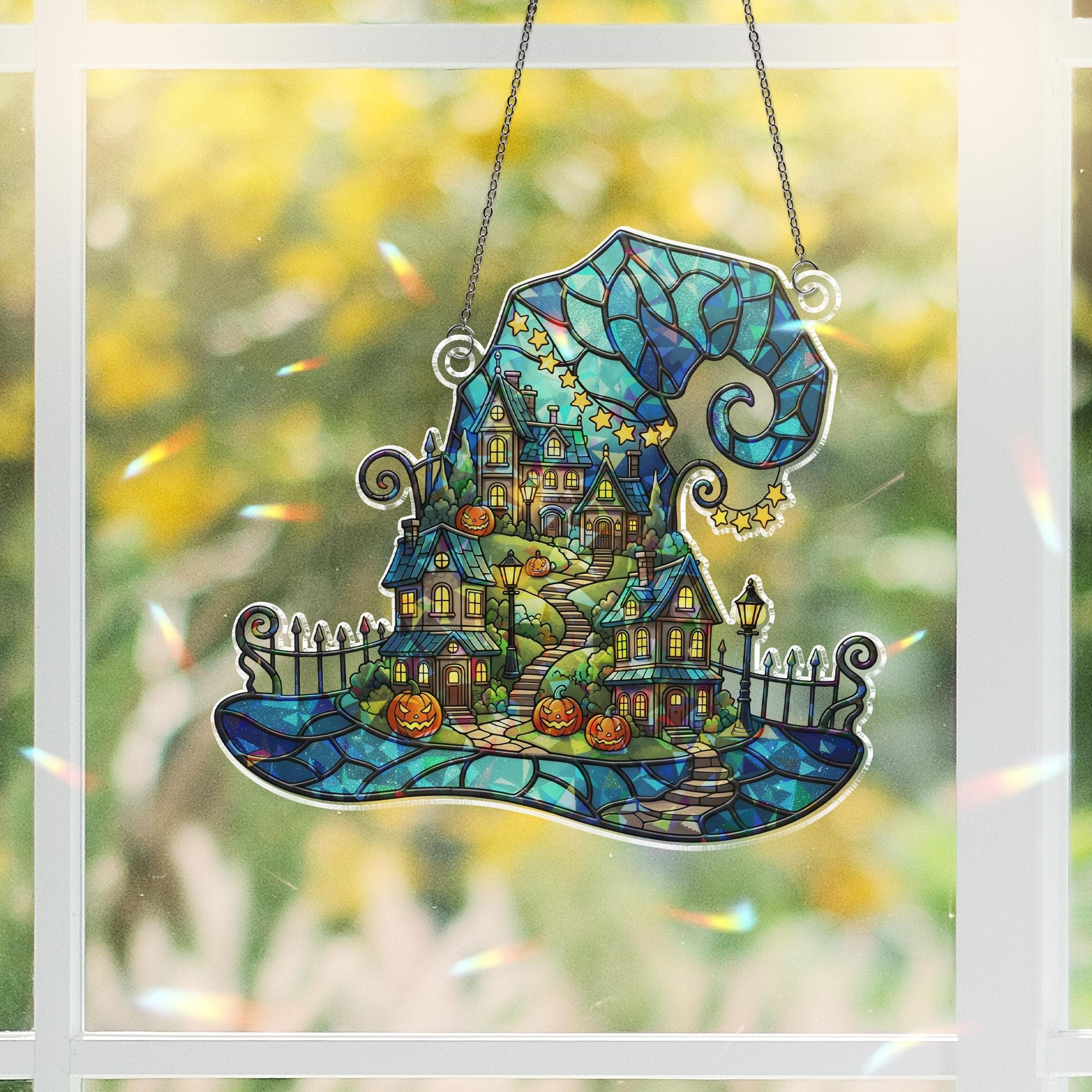 Witch Hat Halloween Village Hologram Ornament – Halloween Window Hanging with Pumpkins, Haunted Houses – Spooky Fall Decor, Witch Wall Art
