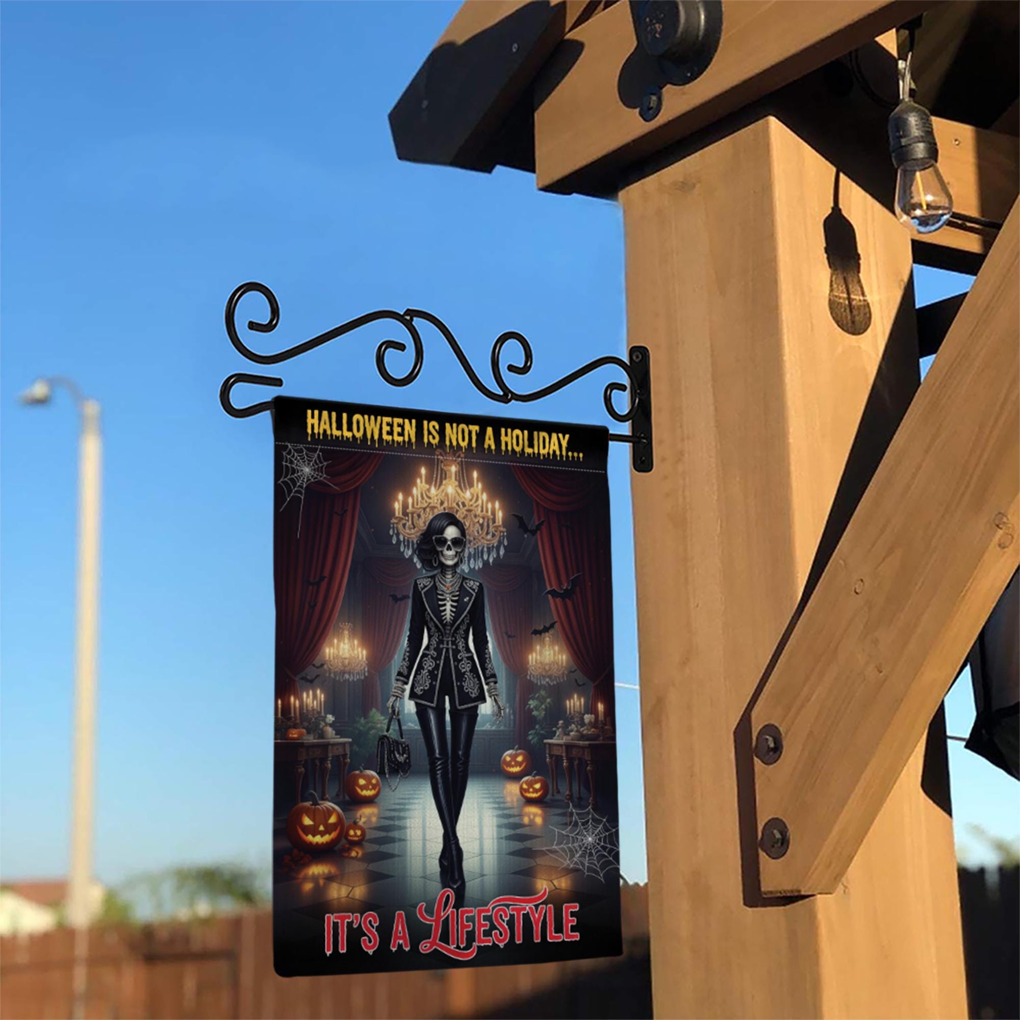 Halloween Is Not a Holiday It’s a Lifestyle Garden Flag – Gothic Skeleton Fashion Decor with Pumpkins, Bats & Candles