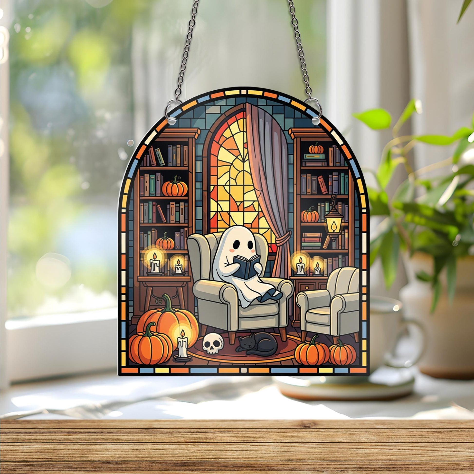 Spooky Ghost Reading Suncatcher – Halloween Window Hanging, Gothic Library Decor, Cozy Pumpkin Ghost Faux Stained Glass Panel
