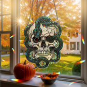 Skull and Snake Hologram Ornament, Gothic Skeleton Window Hanging with Serpent and Skull – Dark Halloween or Occult Decor, Creepy home decor