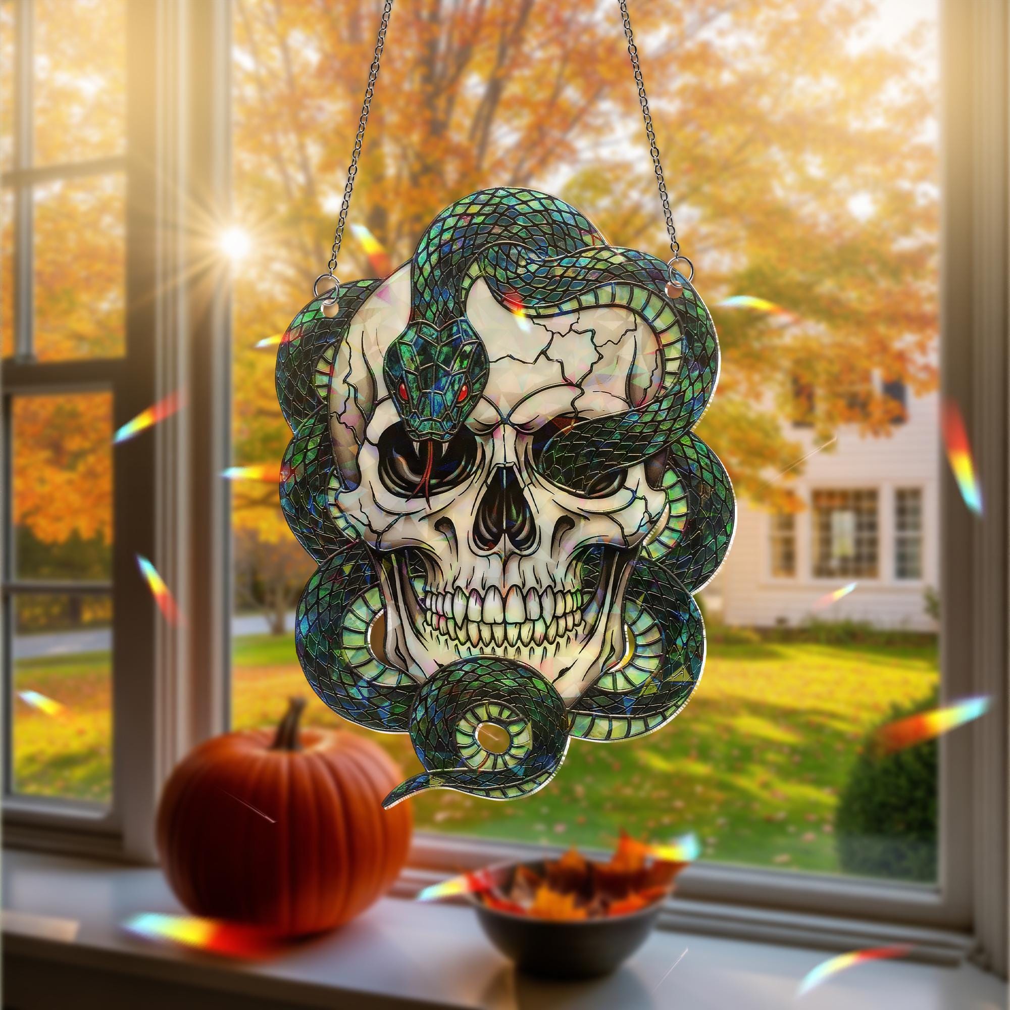Skull and Snake Hologram Ornament, Gothic Skeleton Window Hanging with Serpent and Skull – Dark Halloween or Occult Decor, Creepy home decor