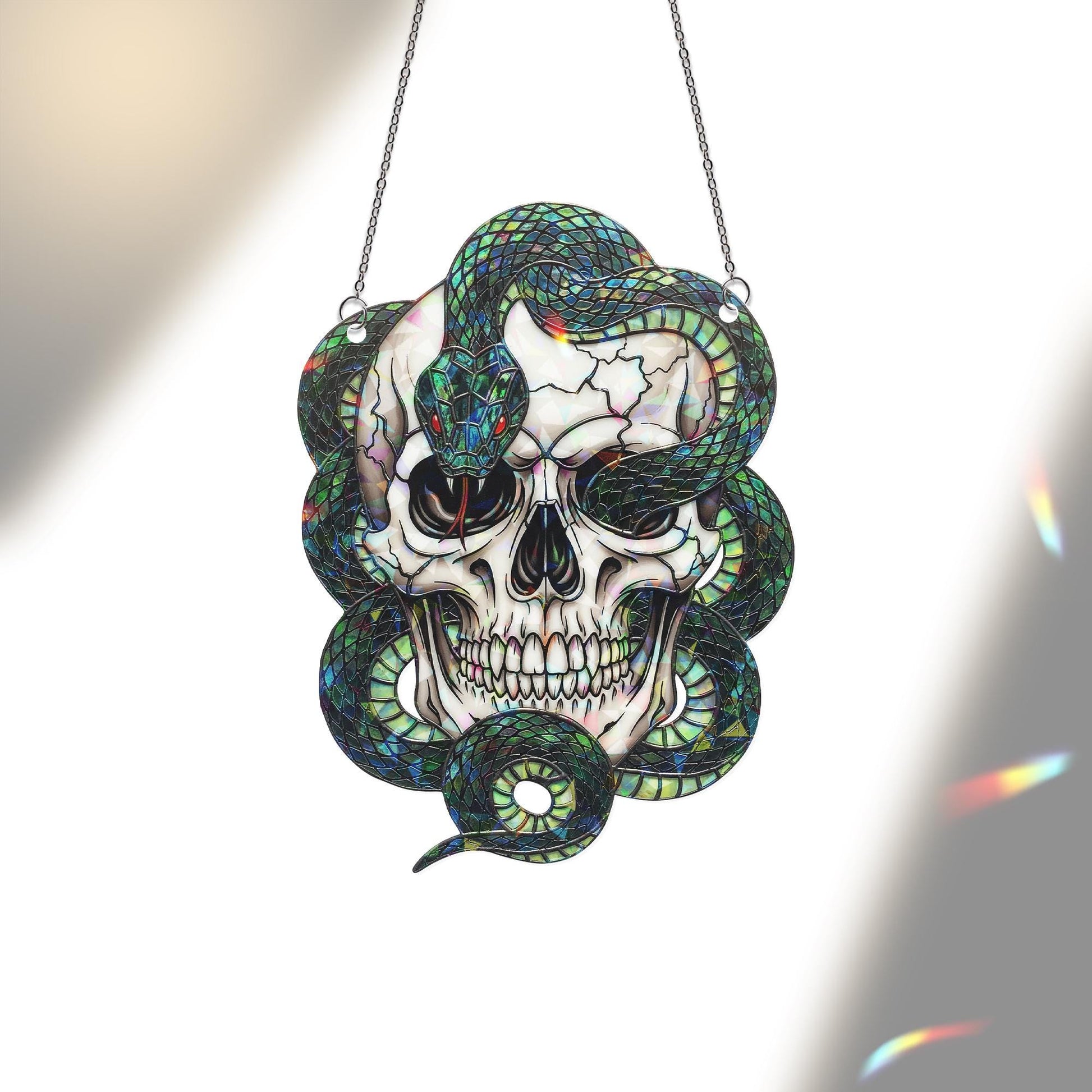Skull and Snake Hologram Ornament, Gothic Skeleton Window Hanging with Serpent and Skull – Dark Halloween or Occult Decor, Creepy home decor