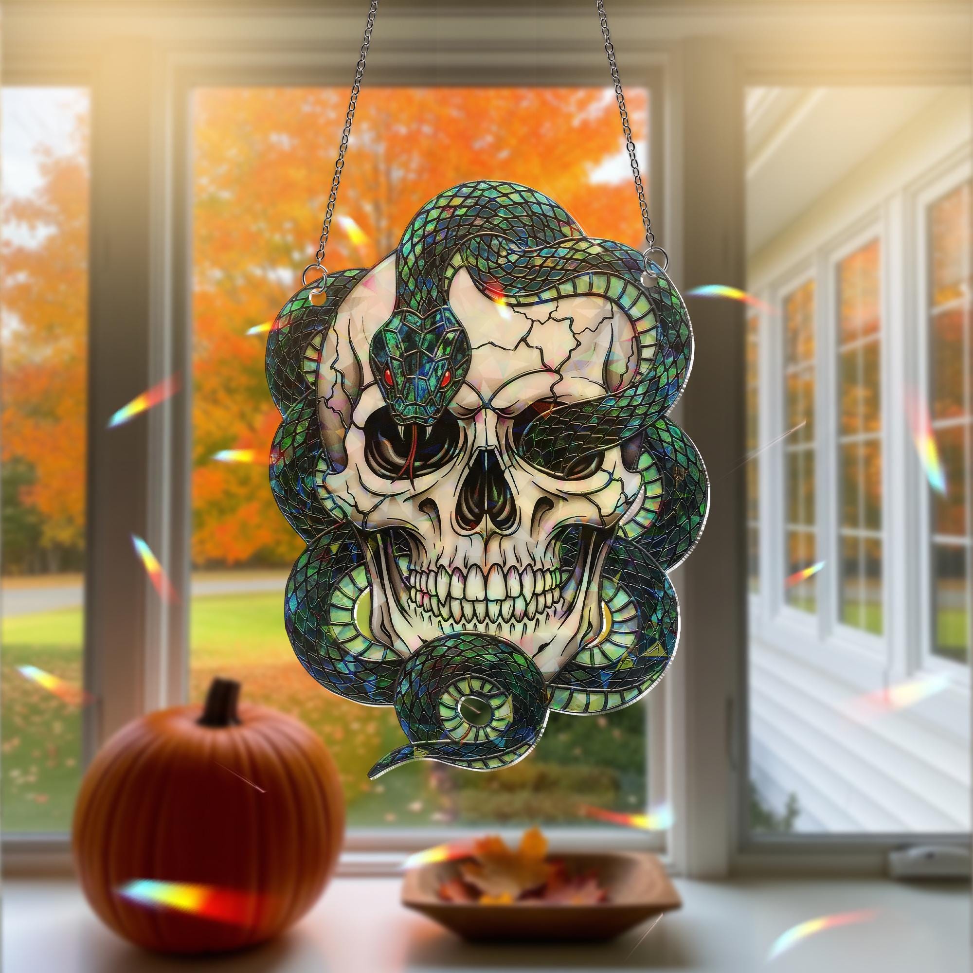 Skull and Snake Hologram Ornament, Gothic Skeleton Window Hanging with Serpent and Skull – Dark Halloween or Occult Decor, Creepy home decor