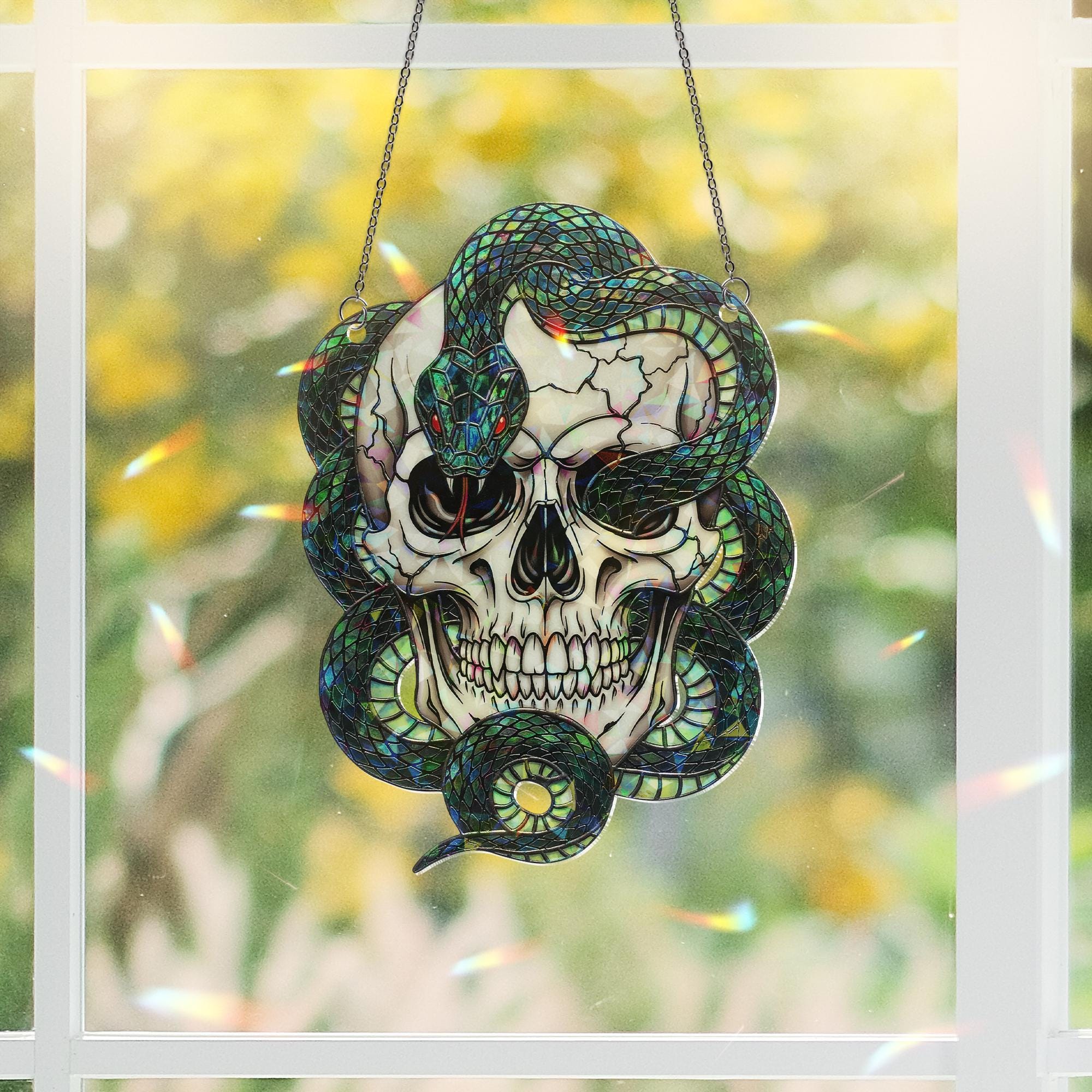 Skull and Snake Hologram Ornament, Gothic Skeleton Window Hanging with Serpent and Skull – Dark Halloween or Occult Decor, Creepy home decor