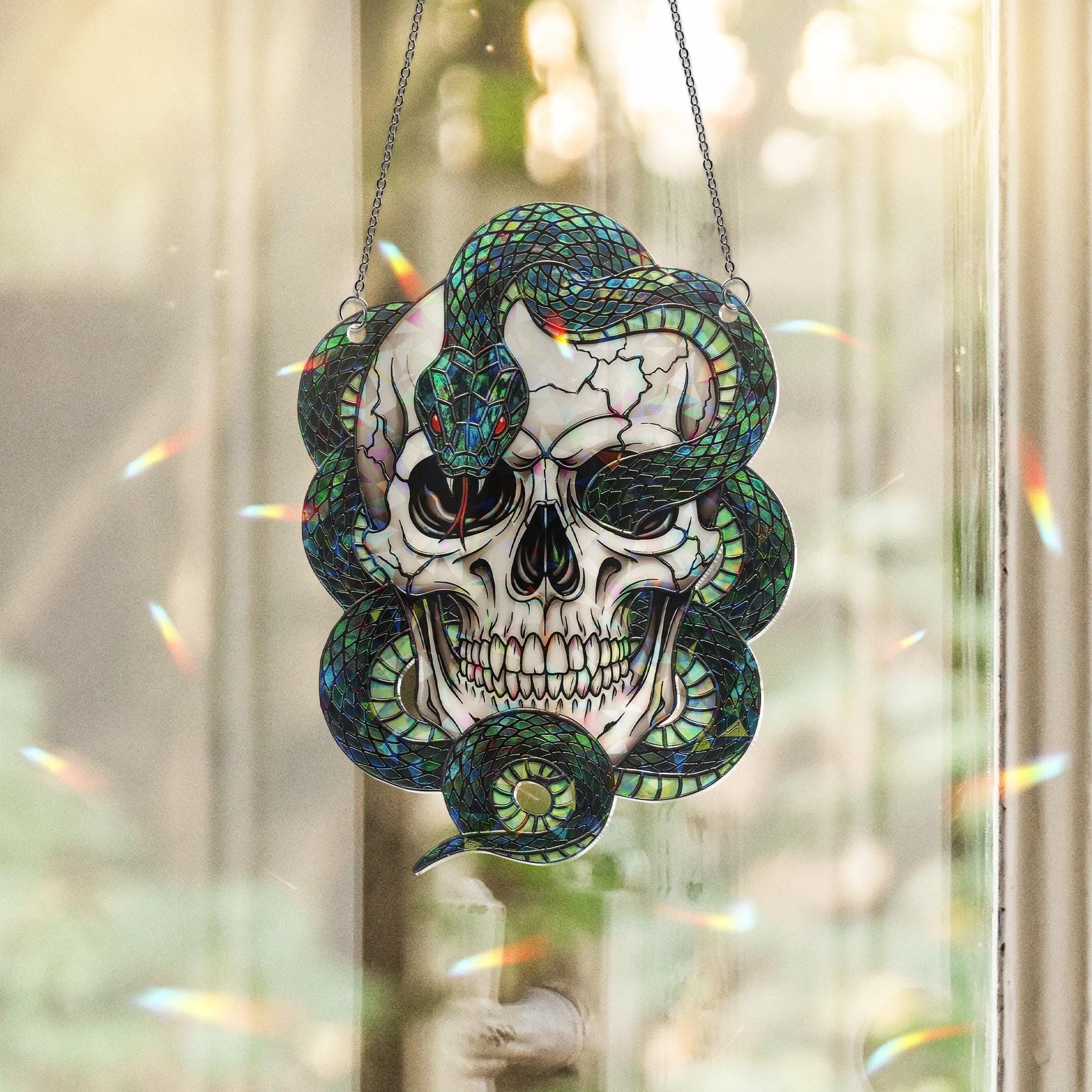 Skull and Snake Hologram Ornament, Gothic Skeleton Window Hanging with Serpent and Skull – Dark Halloween or Occult Decor, Creepy home decor