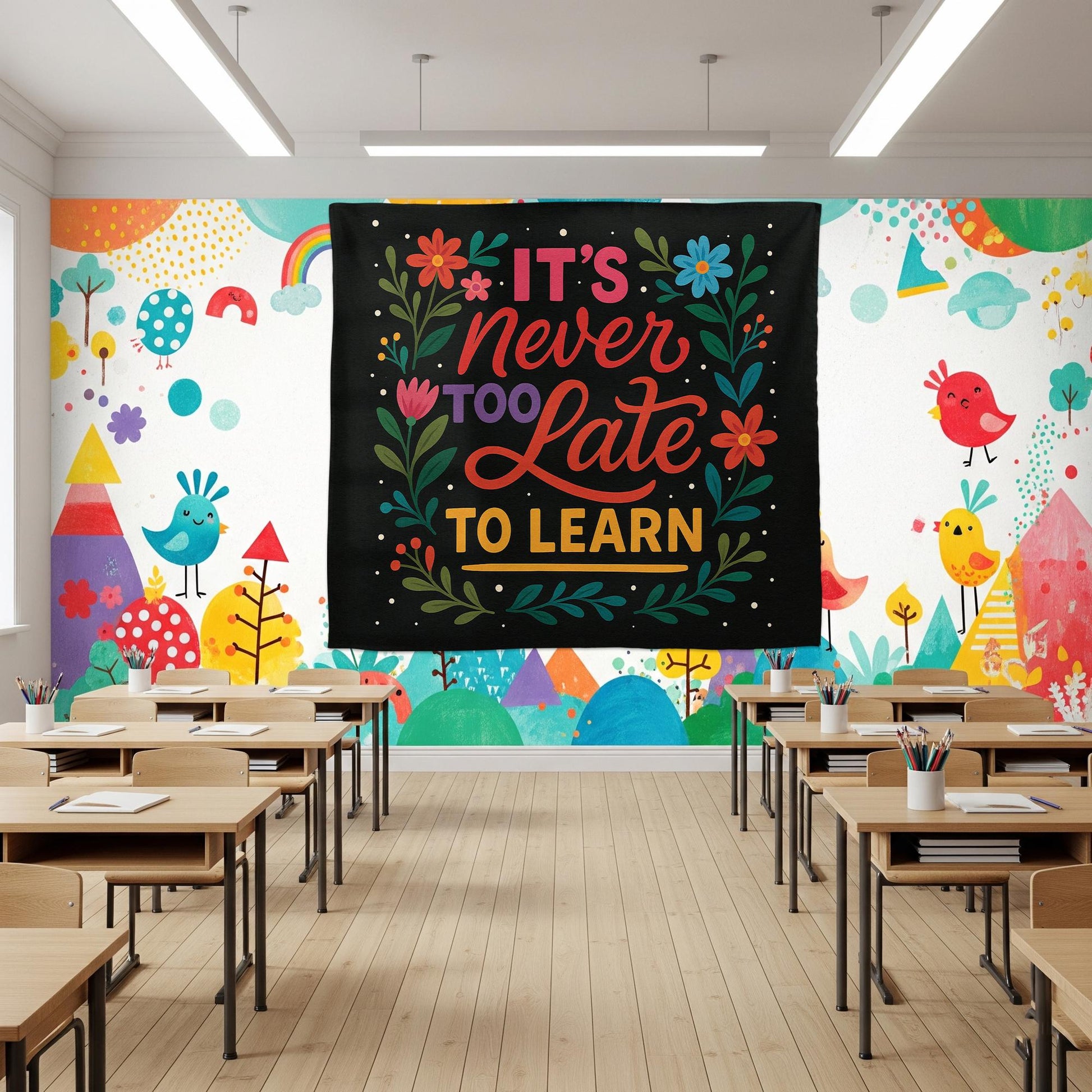 It’s Never Too Late to Learn Tapestry, Motivational Classroom Wall Decor, Teacher Encouragement Banner, Floral School Poster
