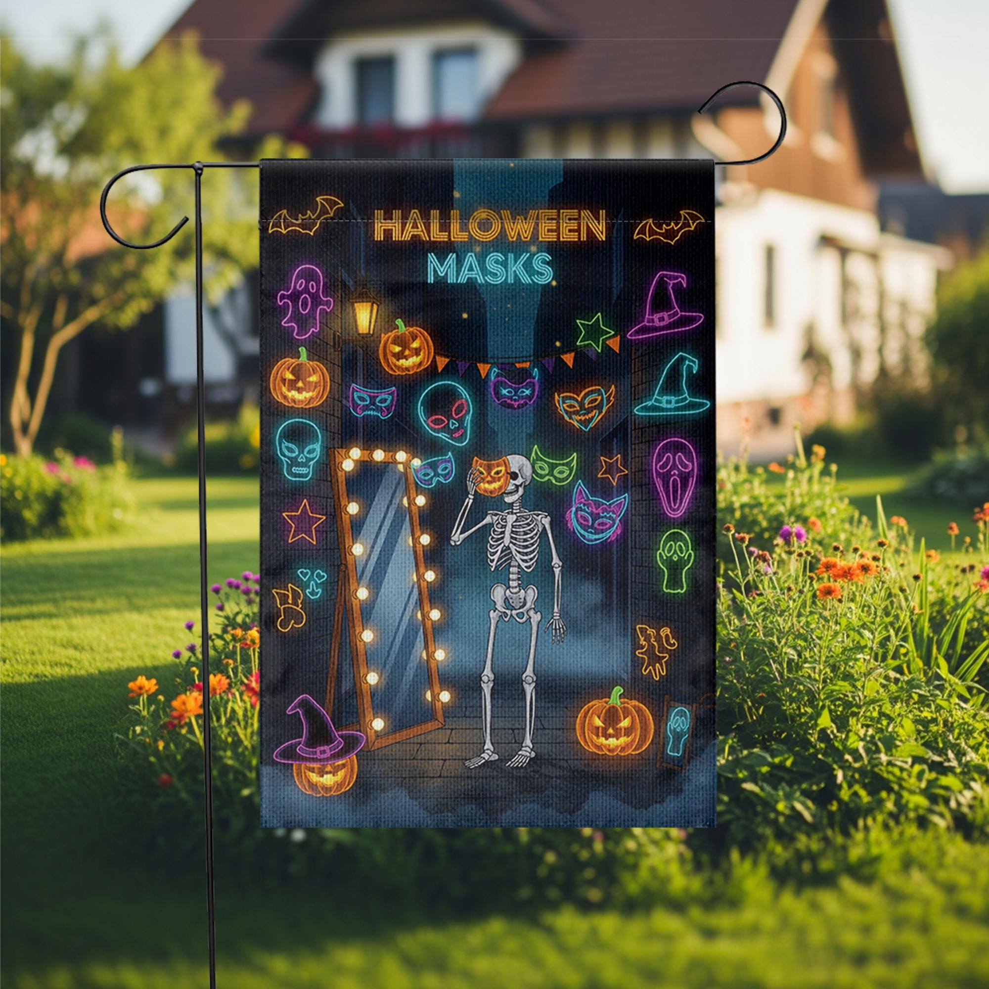 Halloween Masks Garden Flag – Funny Skeleton with Neon Mask Display – Spooky Colorful Halloween Yard Decor with Pumpkins and Bats