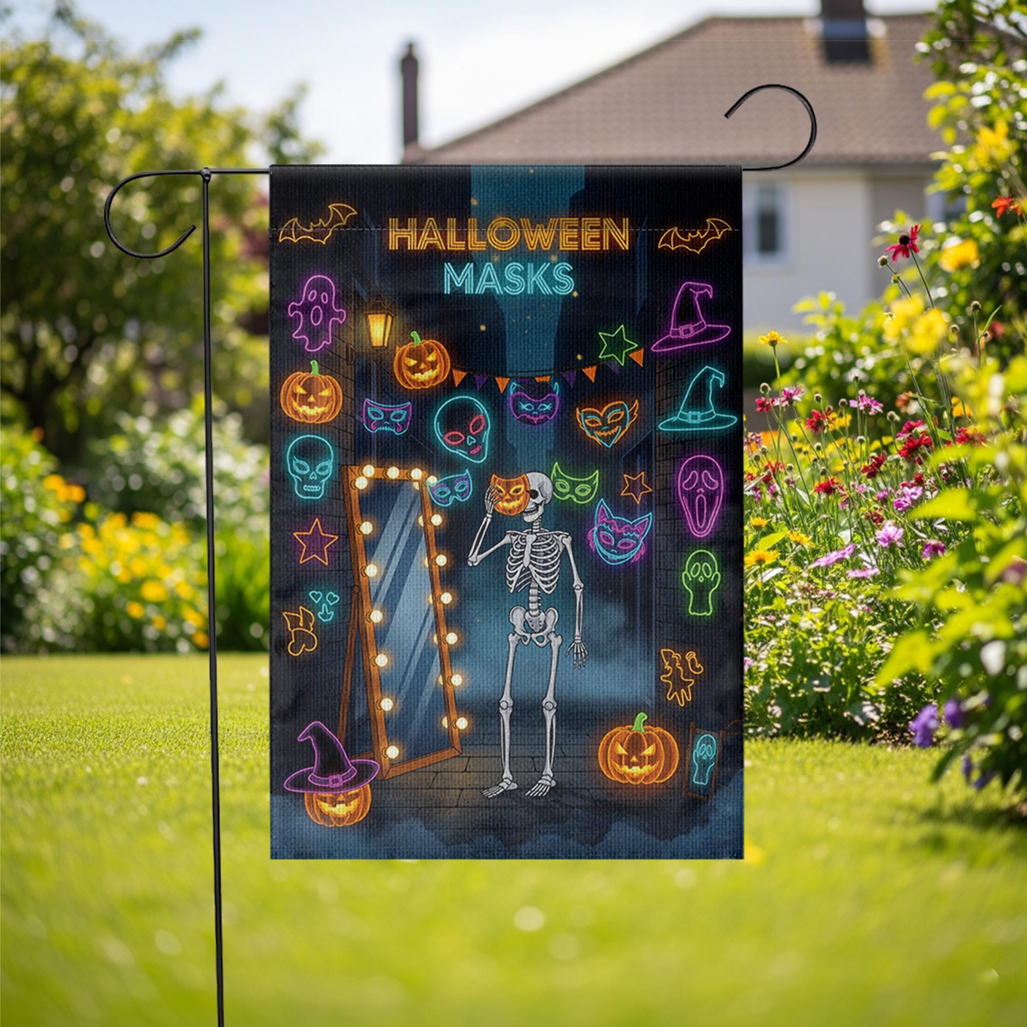 Halloween Masks Garden Flag – Funny Skeleton with Neon Mask Display – Spooky Colorful Halloween Yard Decor with Pumpkins and Bats