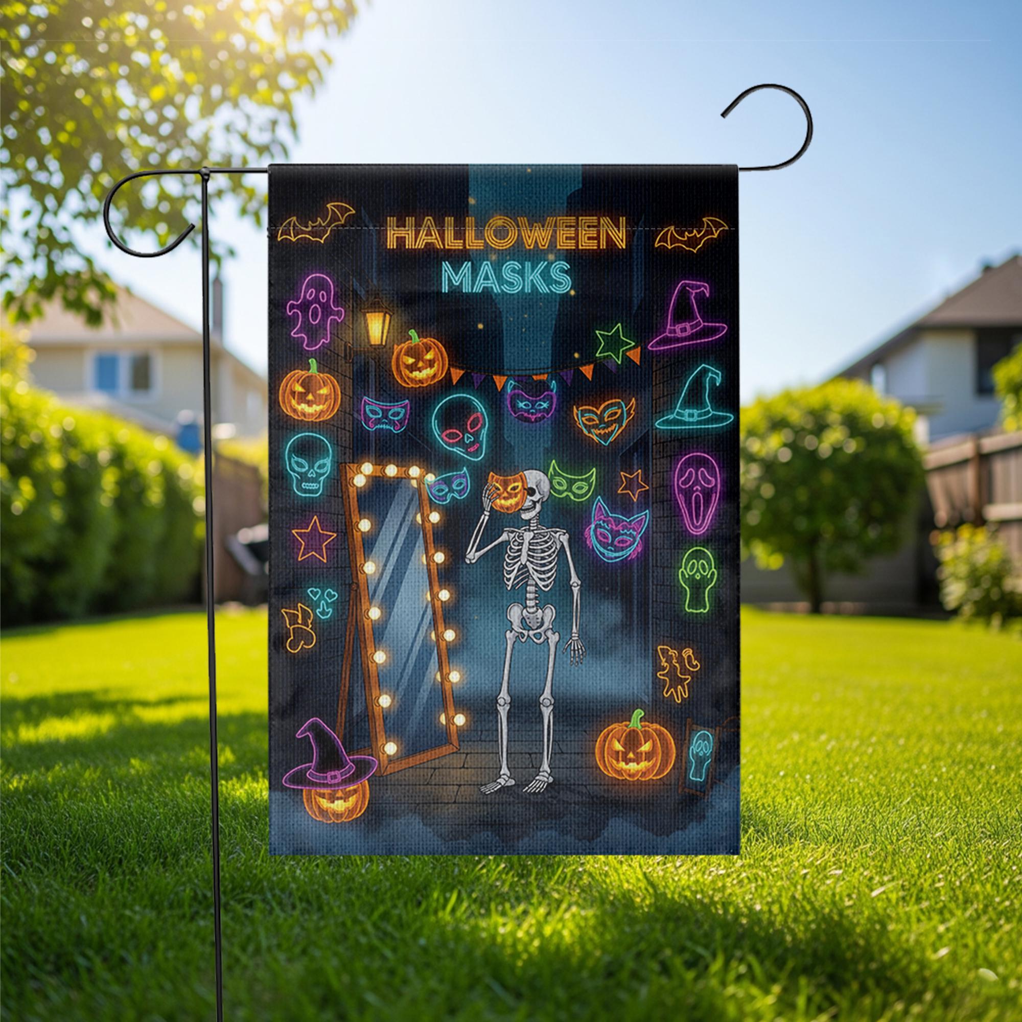 Halloween Masks Garden Flag – Funny Skeleton with Neon Mask Display – Spooky Colorful Halloween Yard Decor with Pumpkins and Bats