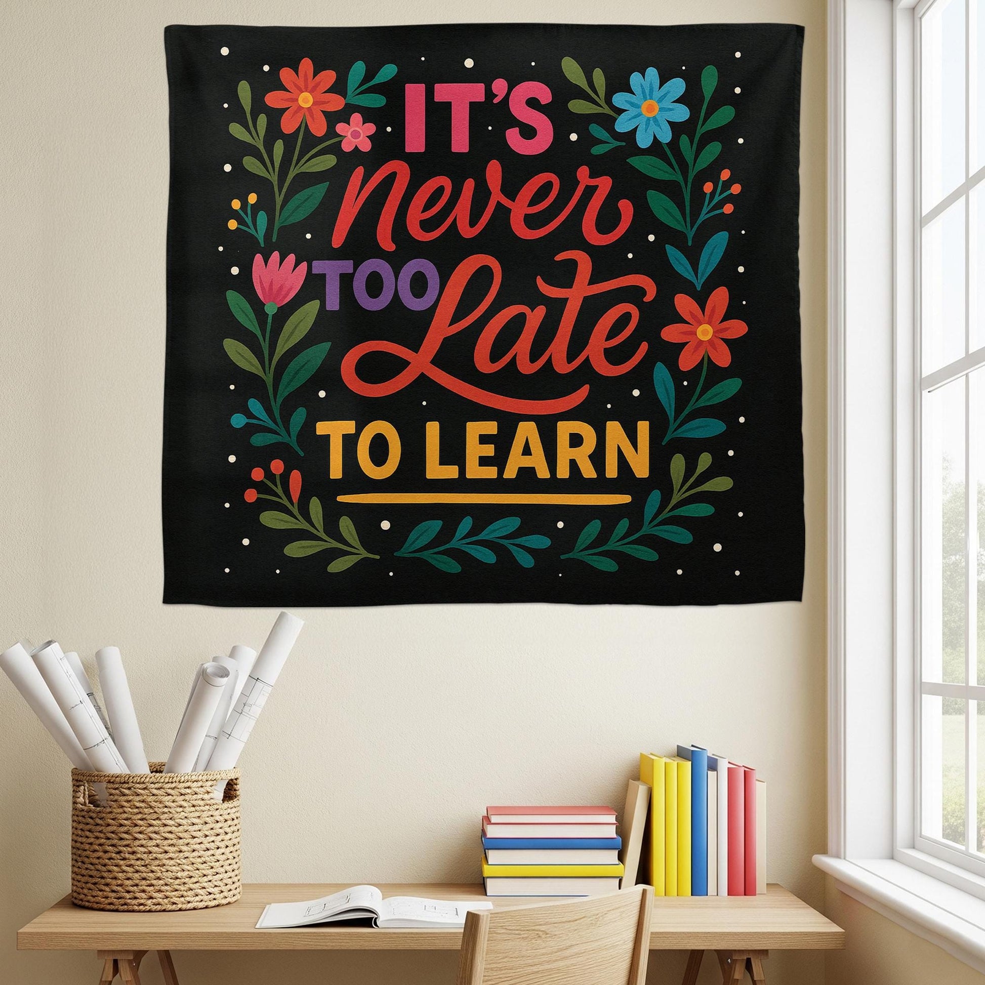 It’s Never Too Late to Learn Tapestry, Motivational Classroom Wall Decor, Teacher Encouragement Banner, Floral School Poster