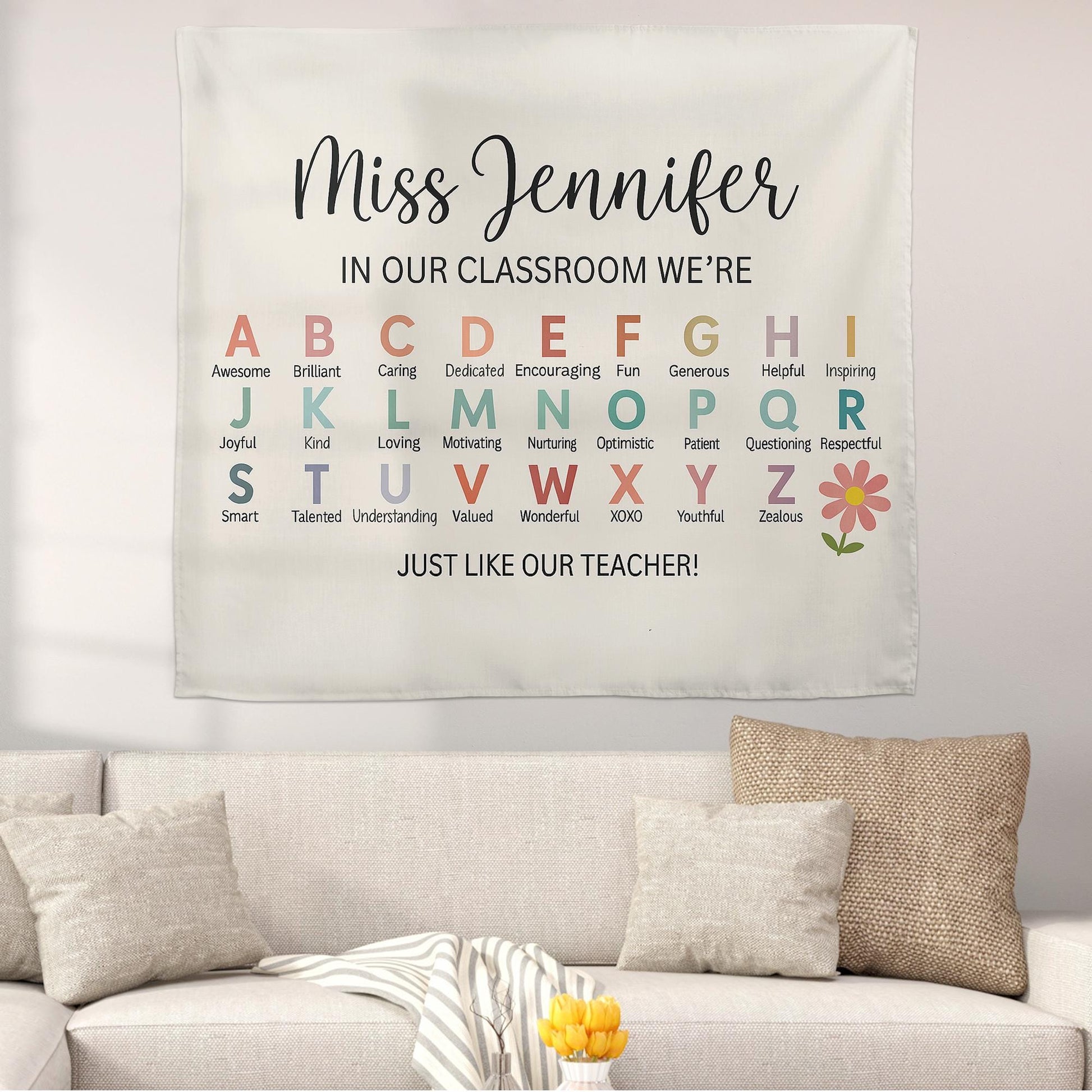 Personalized Teacher Alphabet Tapestry – Custom Classroom Wall Decor, Back to School Gift, Teacher Appreciation Banner