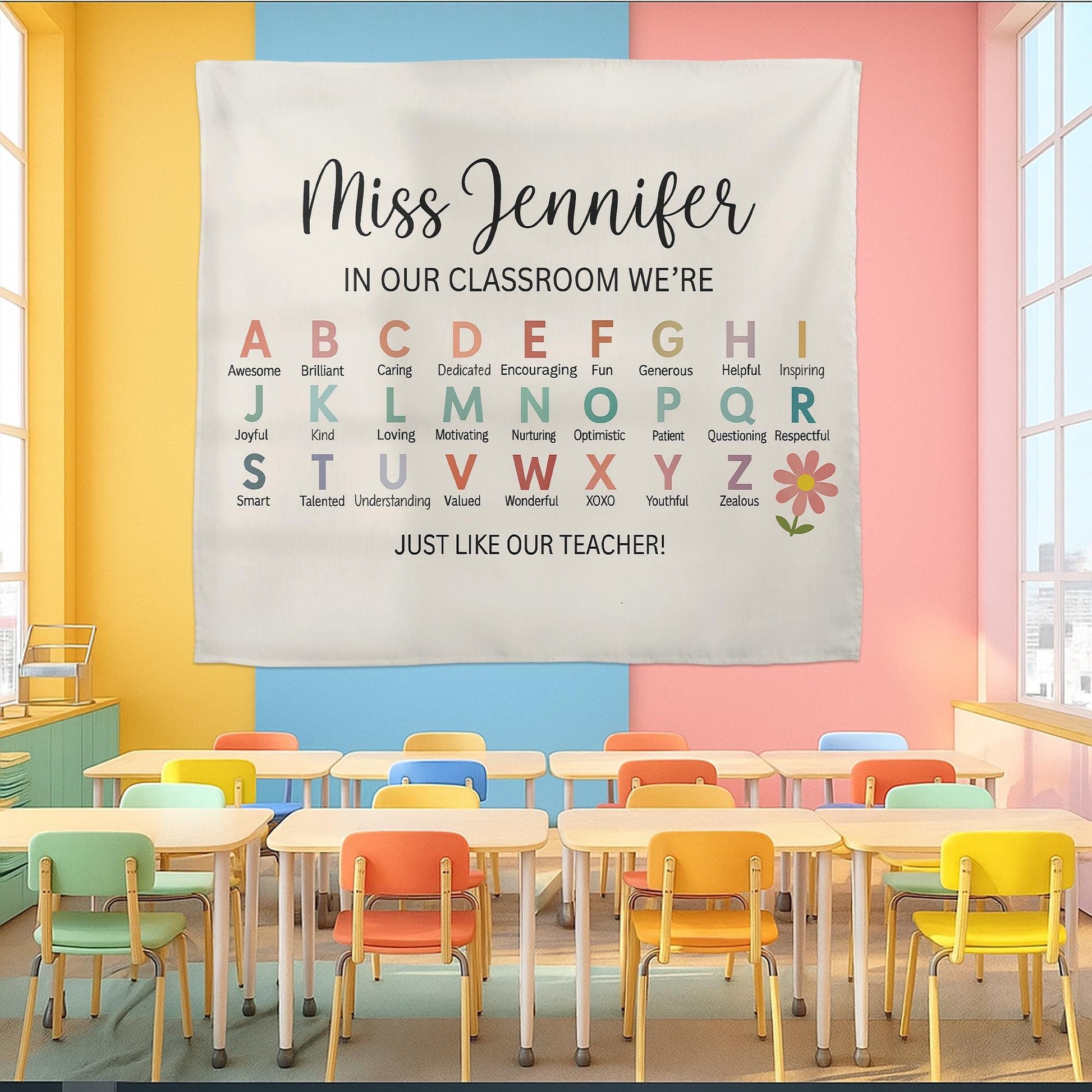 Personalized Teacher Alphabet Tapestry – Custom Classroom Wall Decor, Back to School Gift, Teacher Appreciation Banner