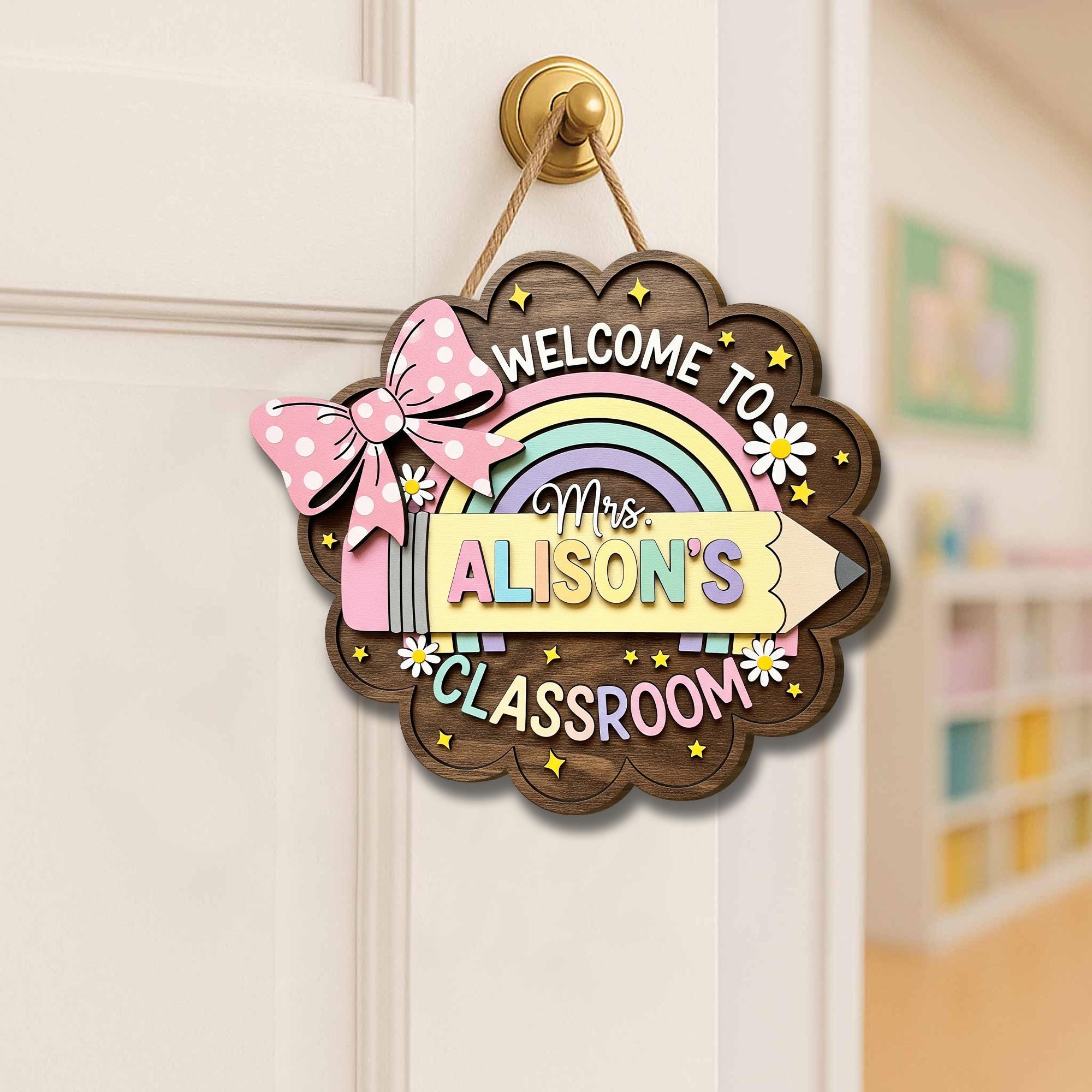 Personalized Teacher Door Sign – Custom Rainbow Classroom Wood Hanging Sign with Name, Welcome Back to School Gift for Teachers