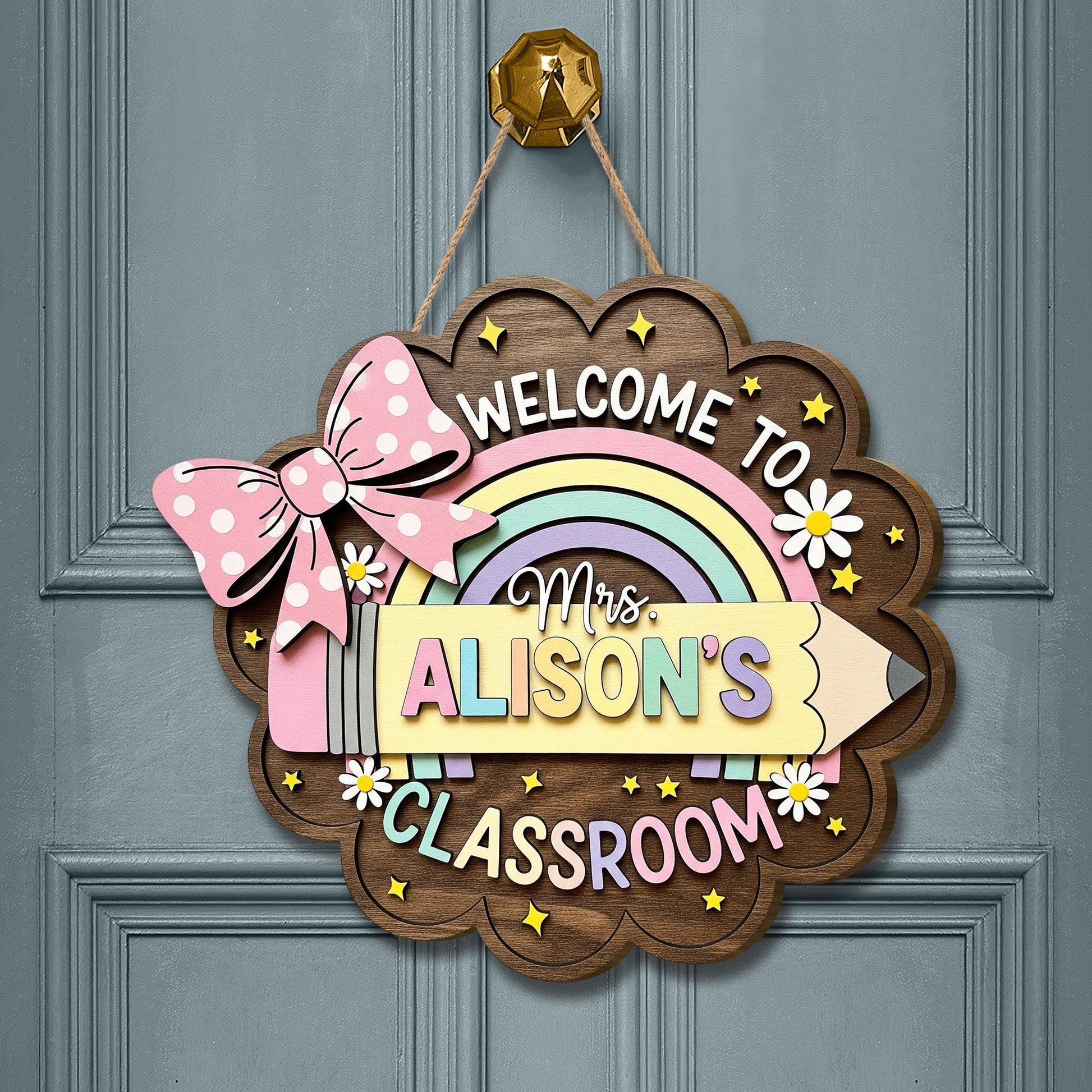 Personalized Teacher Door Sign – Custom Rainbow Classroom Wood Hanging Sign with Name, Welcome Back to School Gift for Teachers
