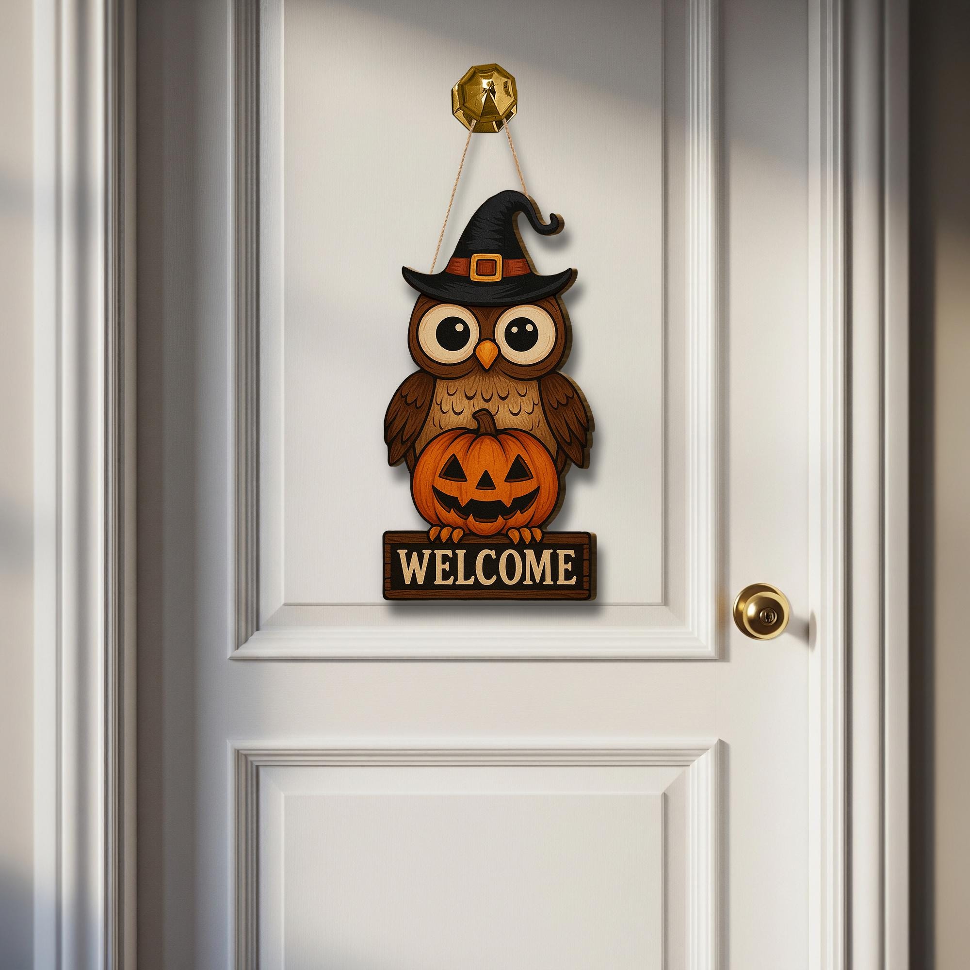 Halloween Owl Welcome Sign, Wooden Door Hanger with Pumpkin, Fall Porch Decor, Cute Autumn Owl Sign, Witch Hat Halloween Wood Art