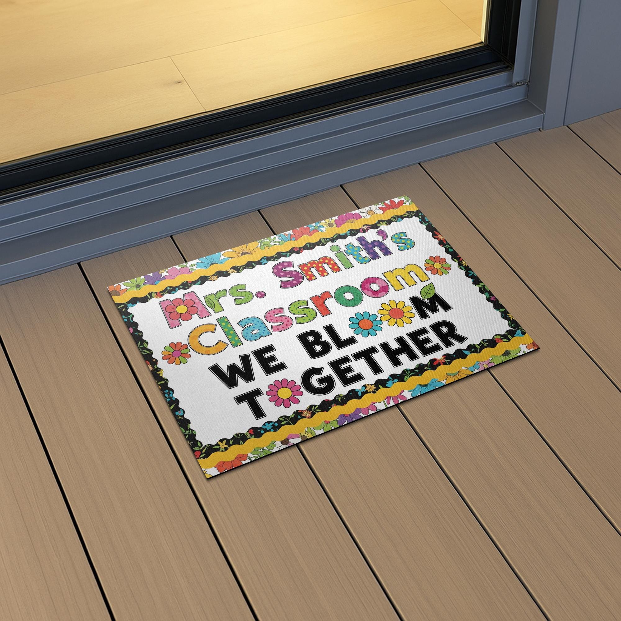 Personalized Classroom Doormat – We Bloom Together Floral Rug for Teachers – Custom Name Welcome Mat for School or Door Decor, Kindergarten