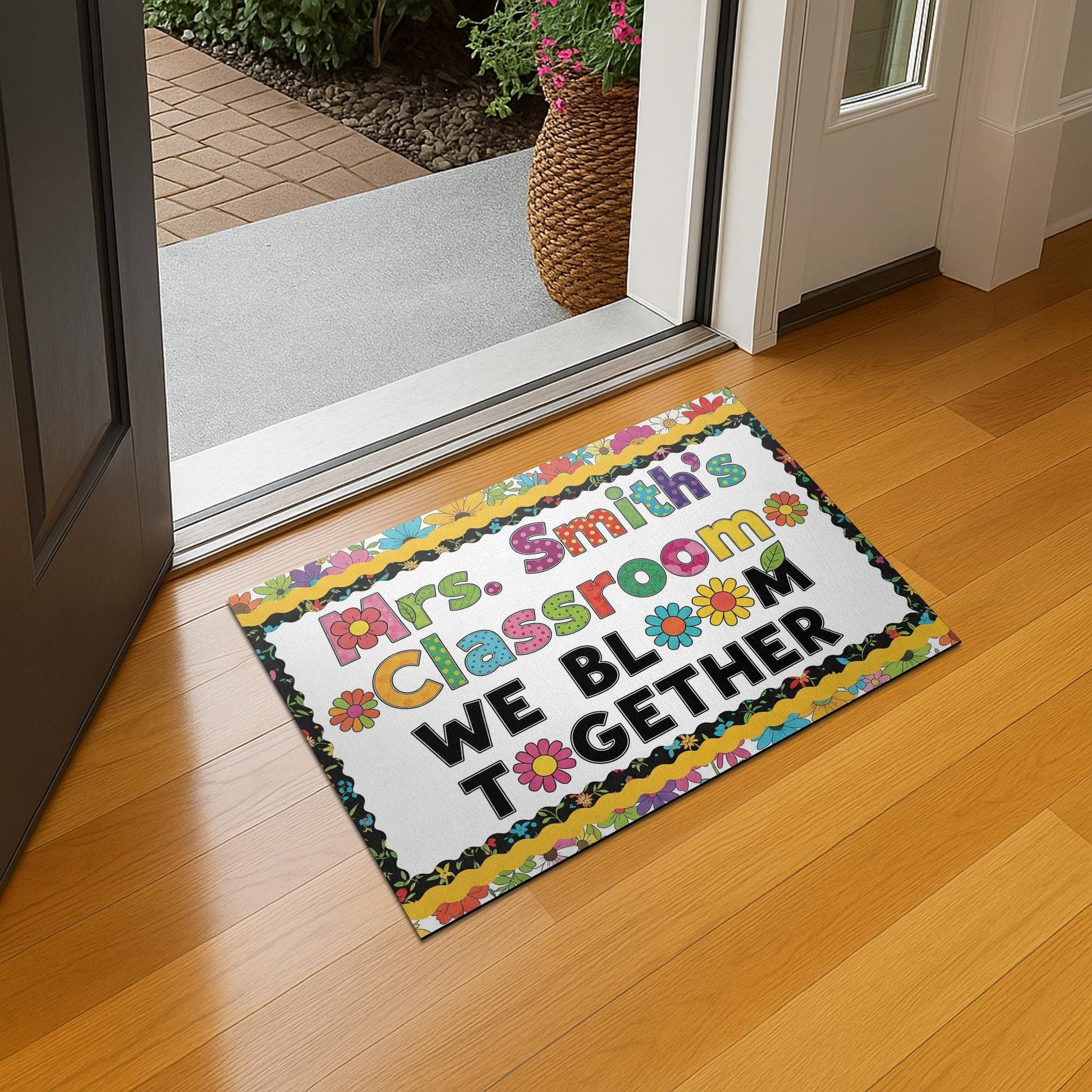 Personalized Classroom Doormat – We Bloom Together Floral Rug for Teachers – Custom Name Welcome Mat for School or Door Decor, Kindergarten