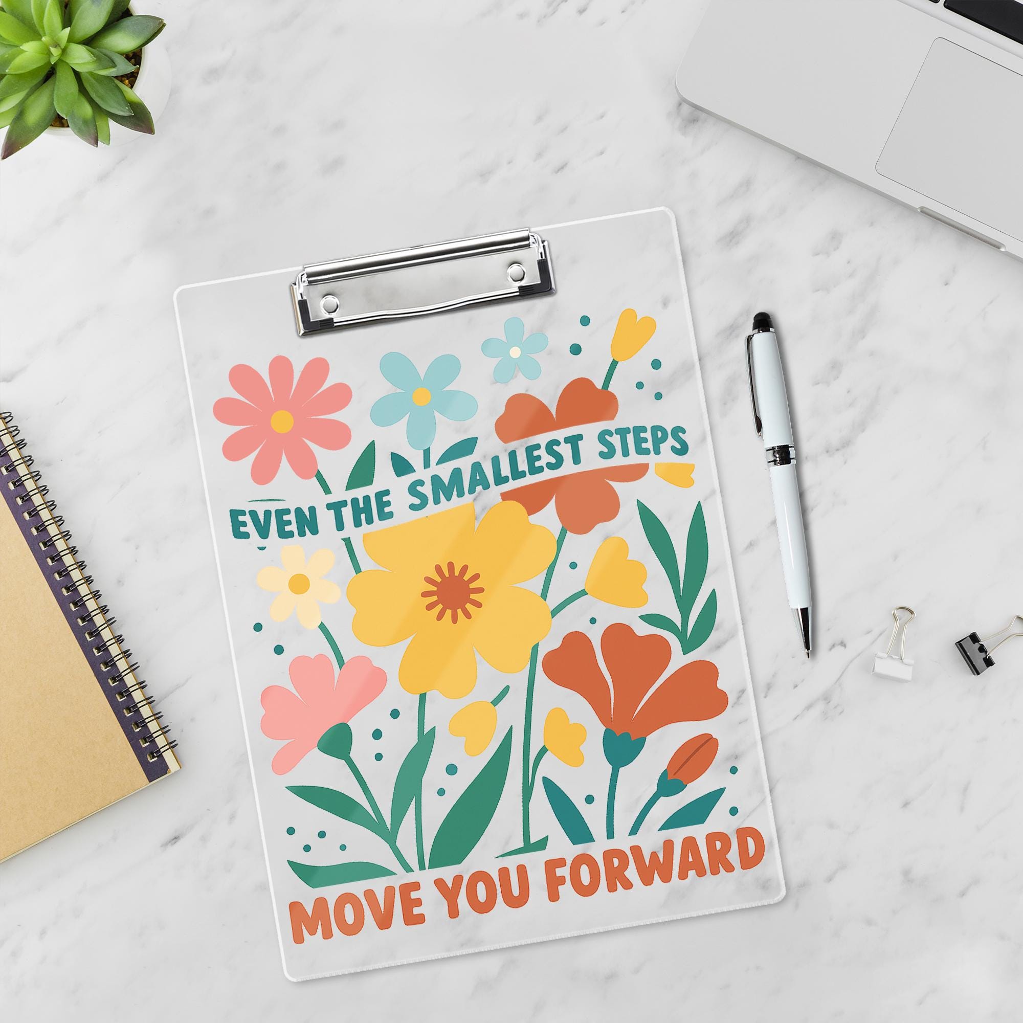 Motivational Floral Clipboard – "Even the Smallest Steps Move You Forward" Cute Office Decor, Teacher Gift, Back to School Stationery