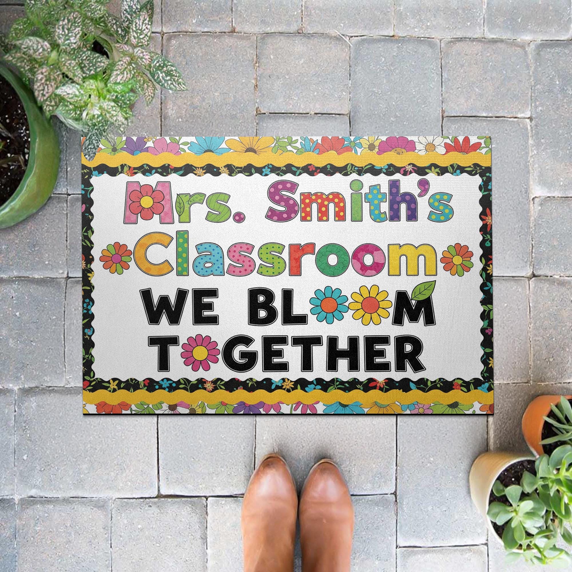 Personalized Classroom Doormat – We Bloom Together Floral Rug for Teachers – Custom Name Welcome Mat for School or Door Decor, Kindergarten