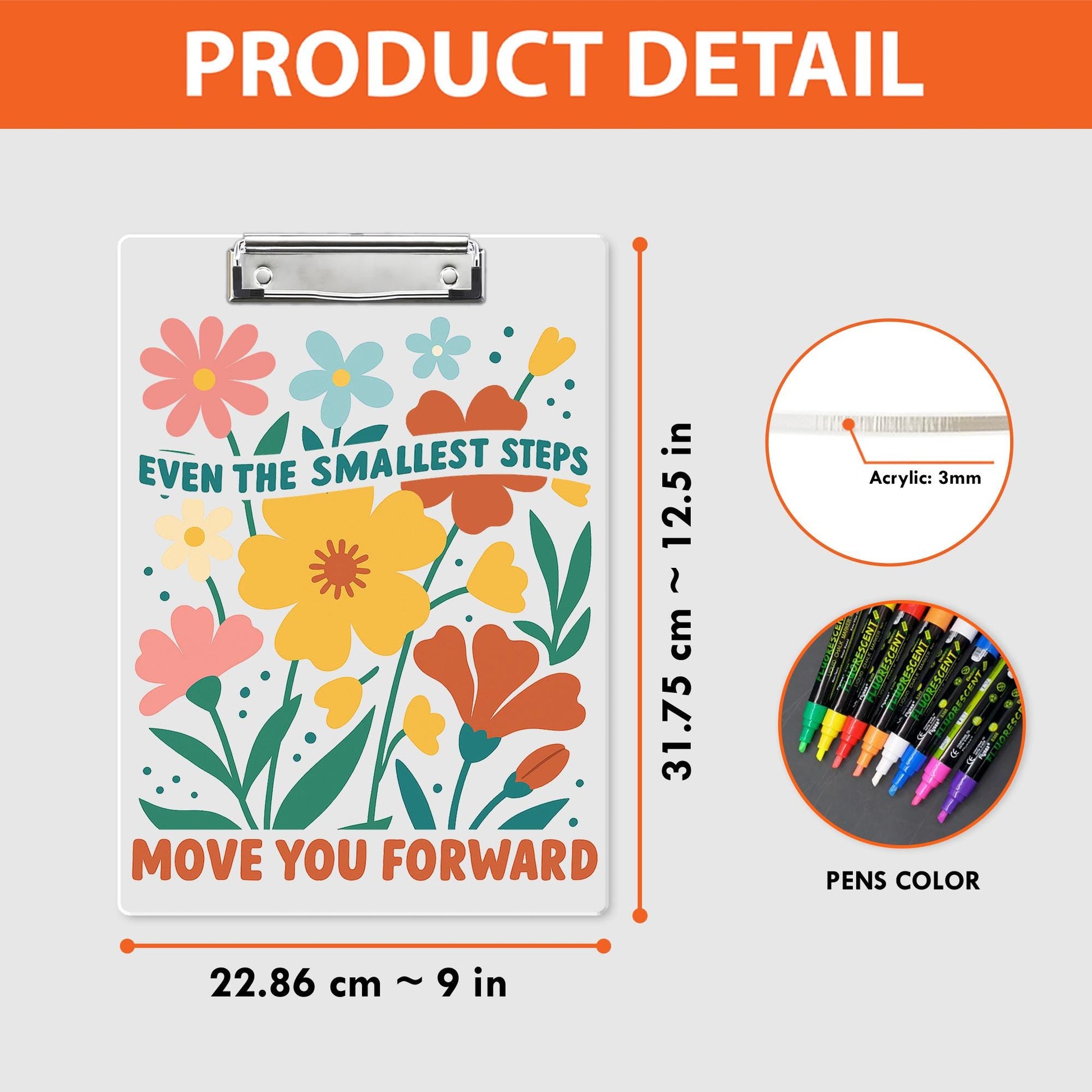 Motivational Floral Clipboard – "Even the Smallest Steps Move You Forward" Cute Office Decor, Teacher Gift, Back to School Stationery