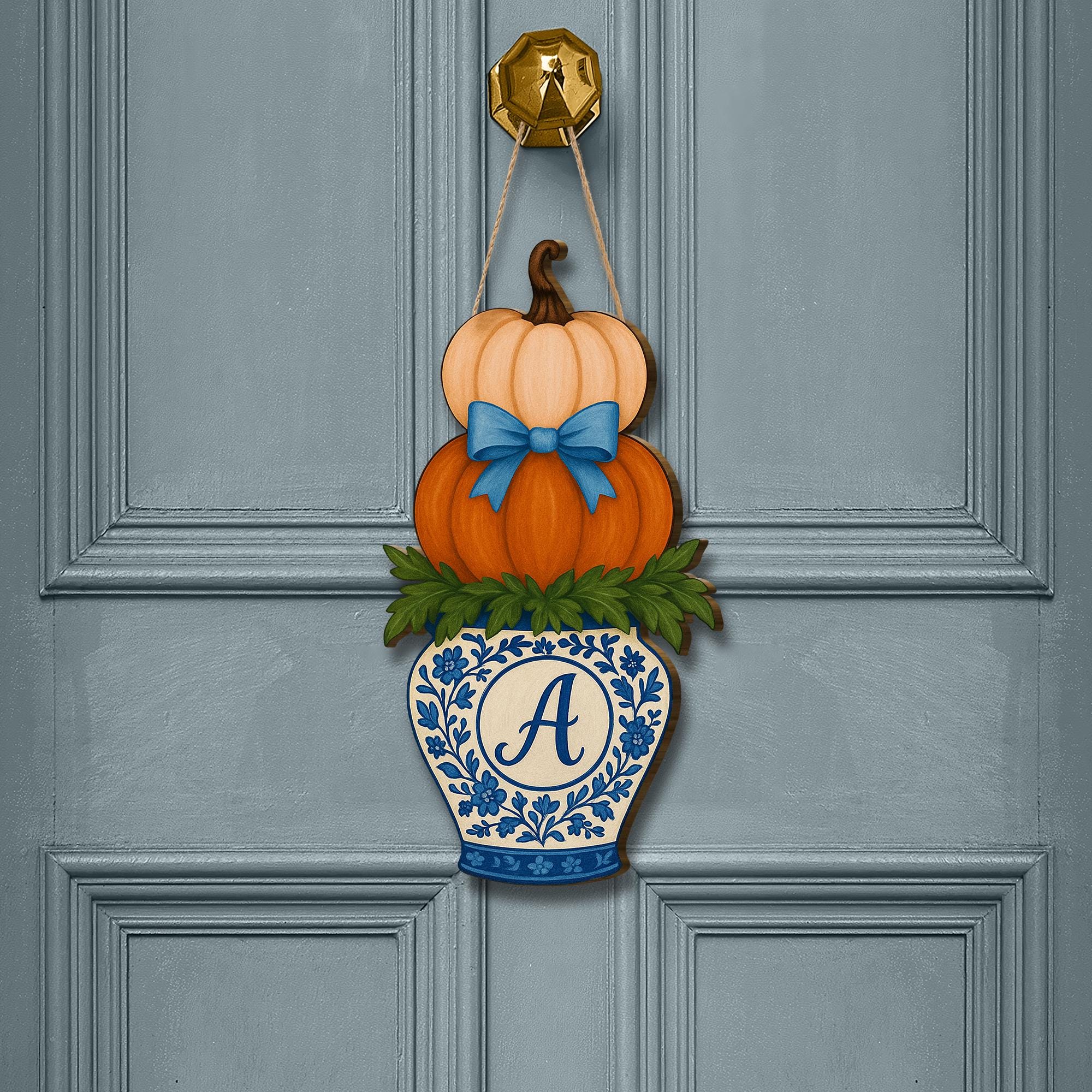 Fall Door Hanger, Chinoiserie Pumpkin Sign, Personalized Front Door Decor, Monogram Autumn Sign, Blue and Orange Pumpkin Wall Art