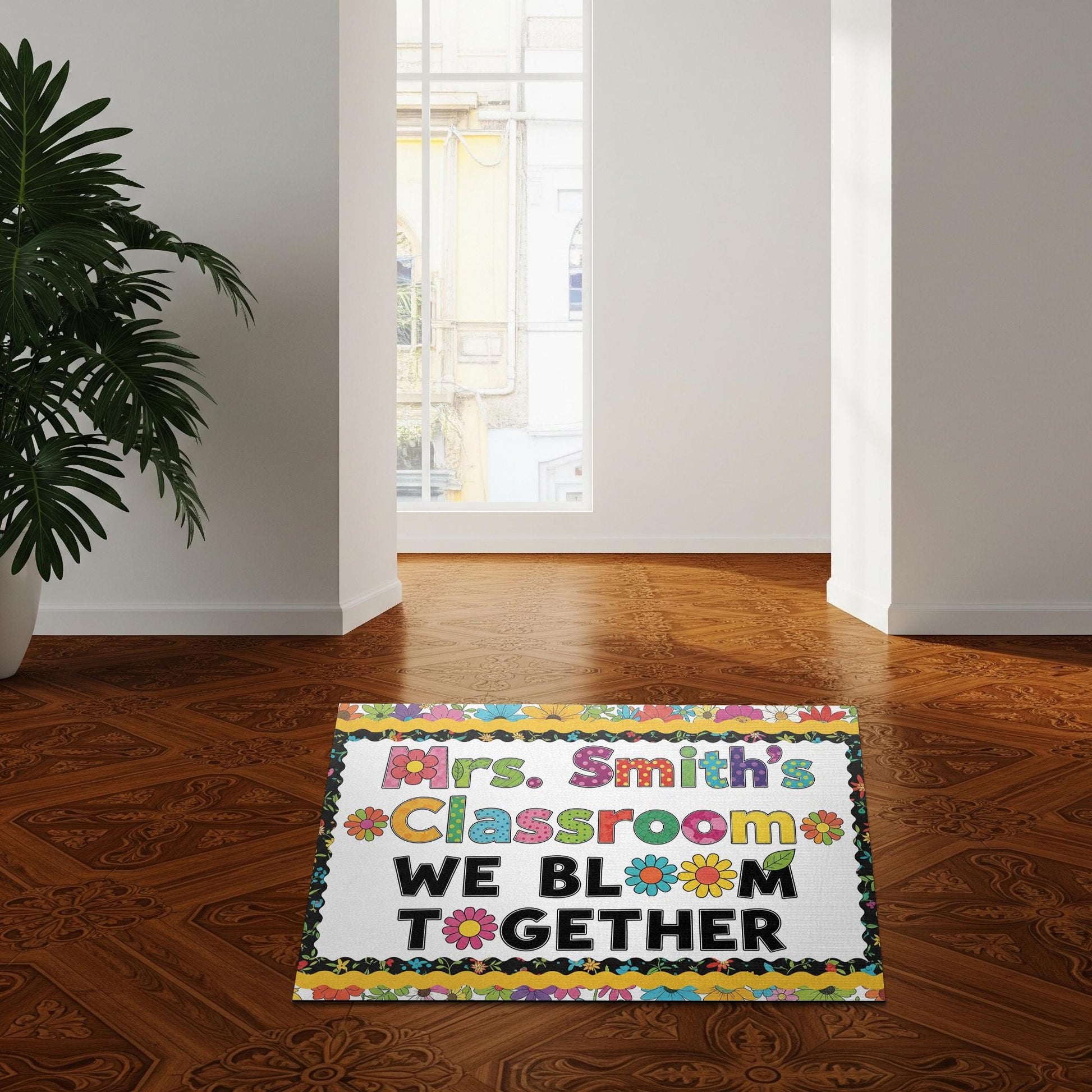 Personalized Classroom Doormat – We Bloom Together Floral Rug for Teachers – Custom Name Welcome Mat for School or Door Decor, Kindergarten