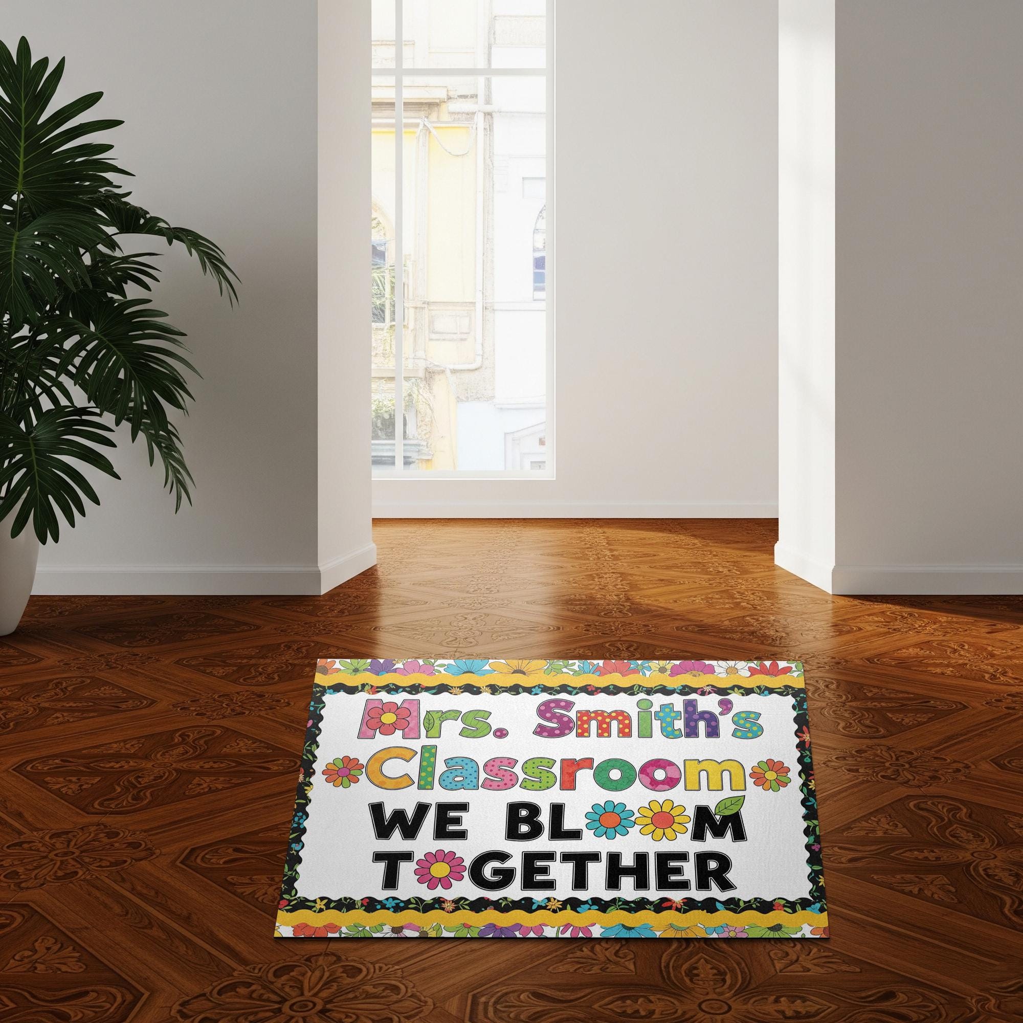 Personalized Classroom Doormat – We Bloom Together Floral Rug for Teachers – Custom Name Welcome Mat for School or Door Decor, Kindergarten