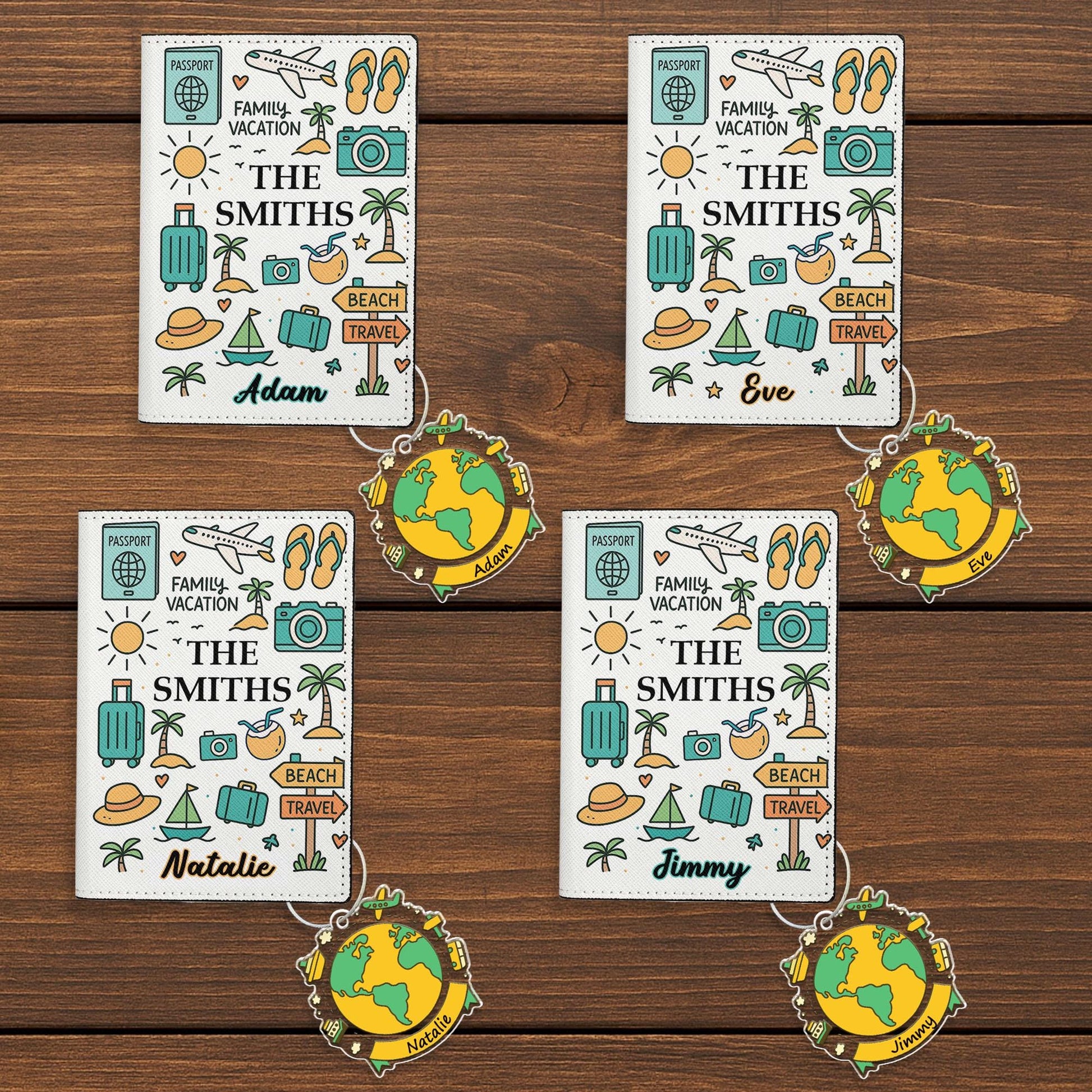 Custom Family Passport Wallet & Tag Set, Personalized Travel Gift with Name, Vacation Leather Cover, Globe Acrylic Luggage Tag, Travel Gifts