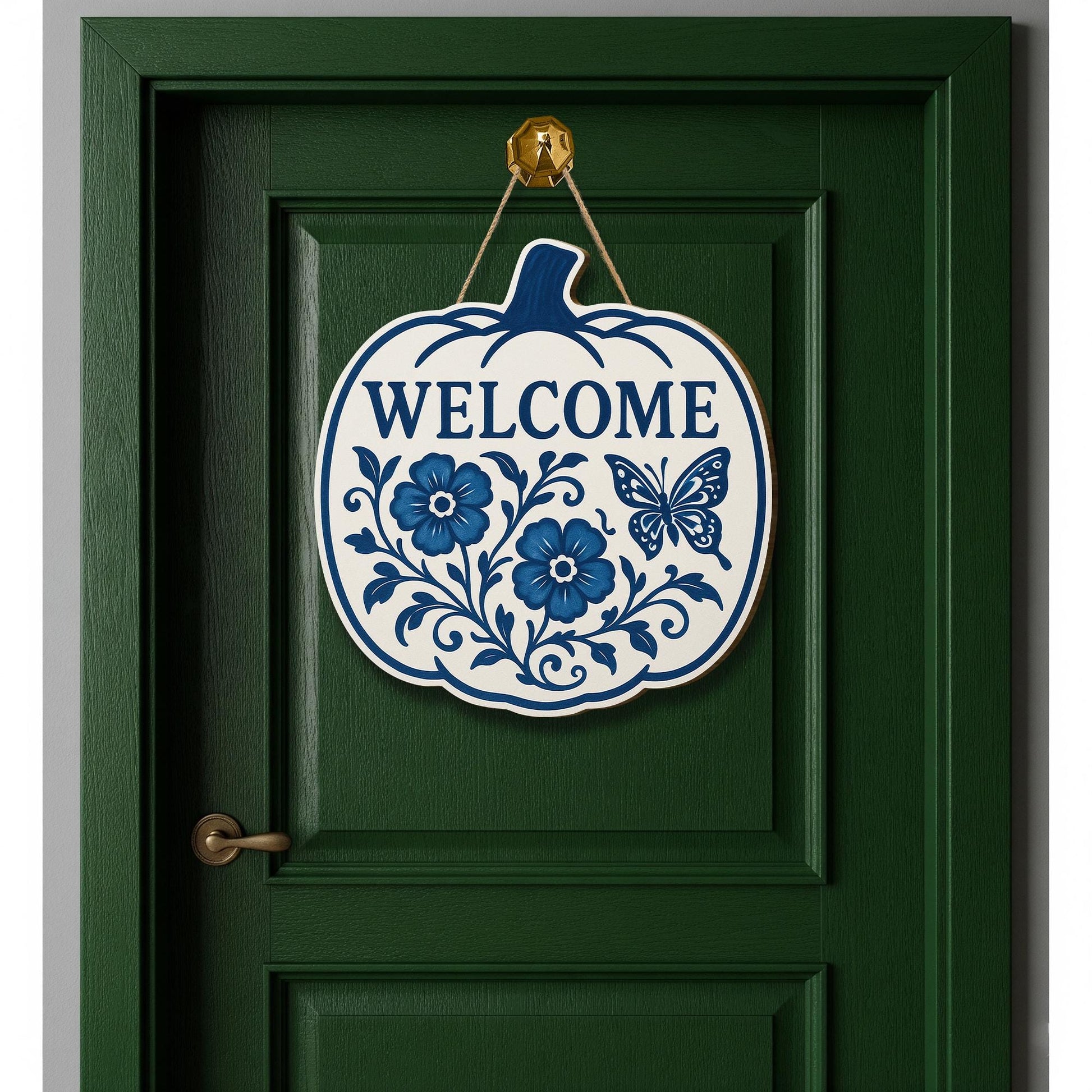 Welcome Fall Sign, Chinoiserie Pumpkin Door Decor, Blue and White Wood Sign, Floral Autumn Wall Art, Cottagecore Front Porch Hanger