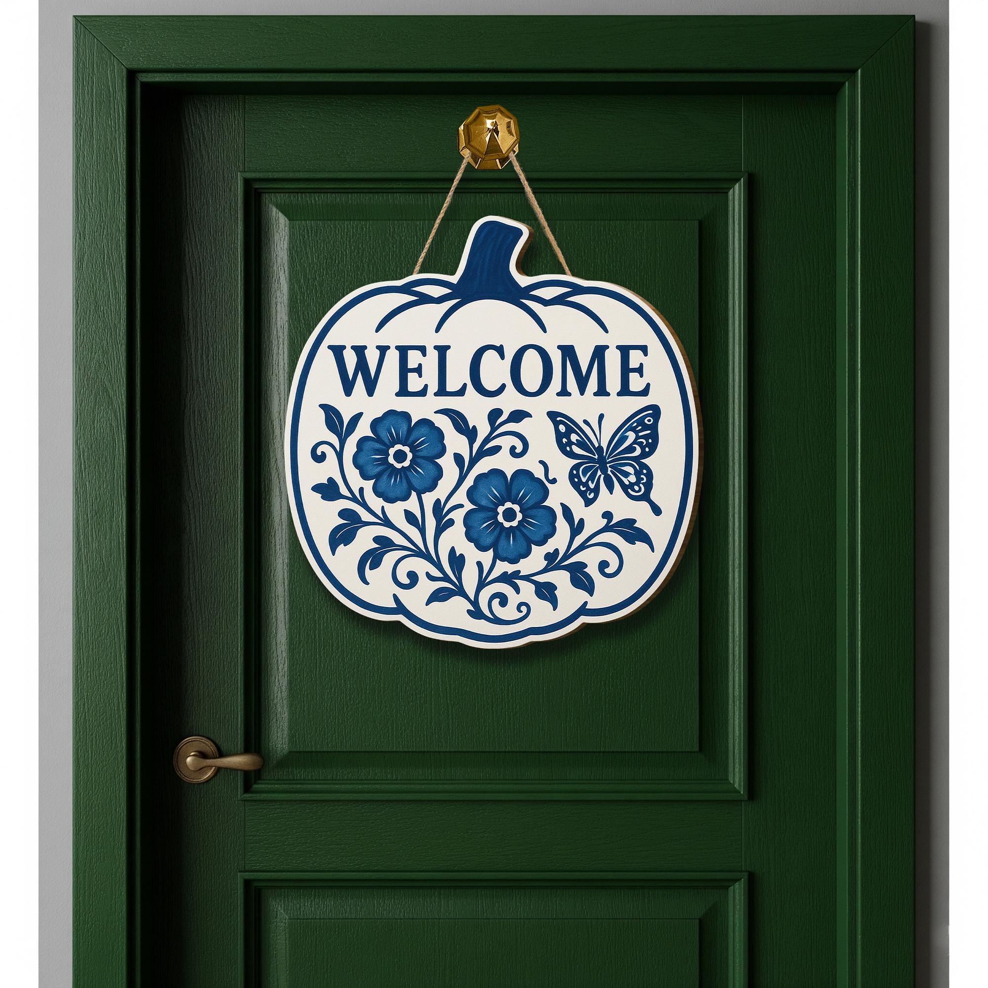 Welcome Fall Sign, Chinoiserie Pumpkin Door Decor, Blue and White Wood Sign, Floral Autumn Wall Art, Cottagecore Front Porch Hanger