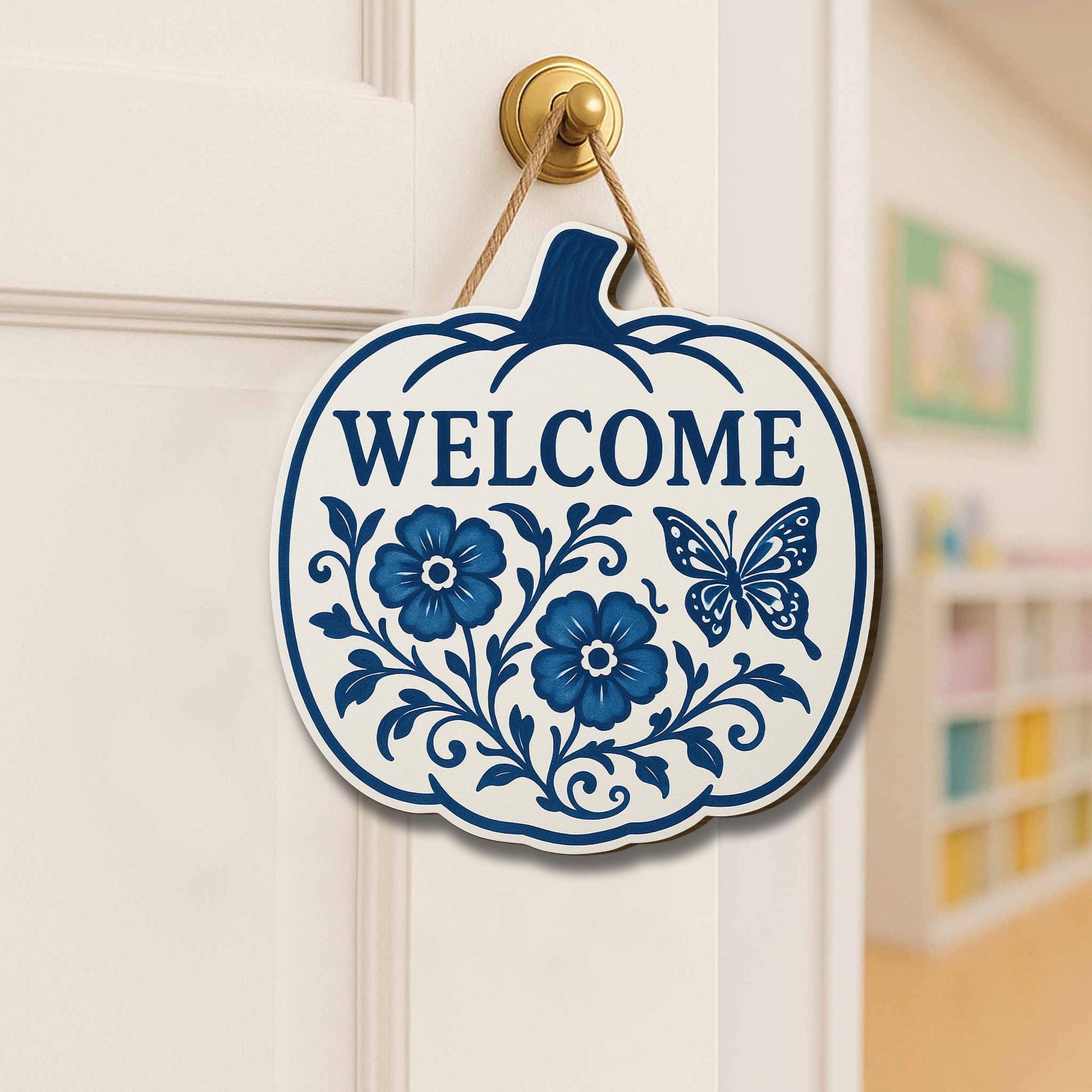 Welcome Fall Sign, Chinoiserie Pumpkin Door Decor, Blue and White Wood Sign, Floral Autumn Wall Art, Cottagecore Front Porch Hanger