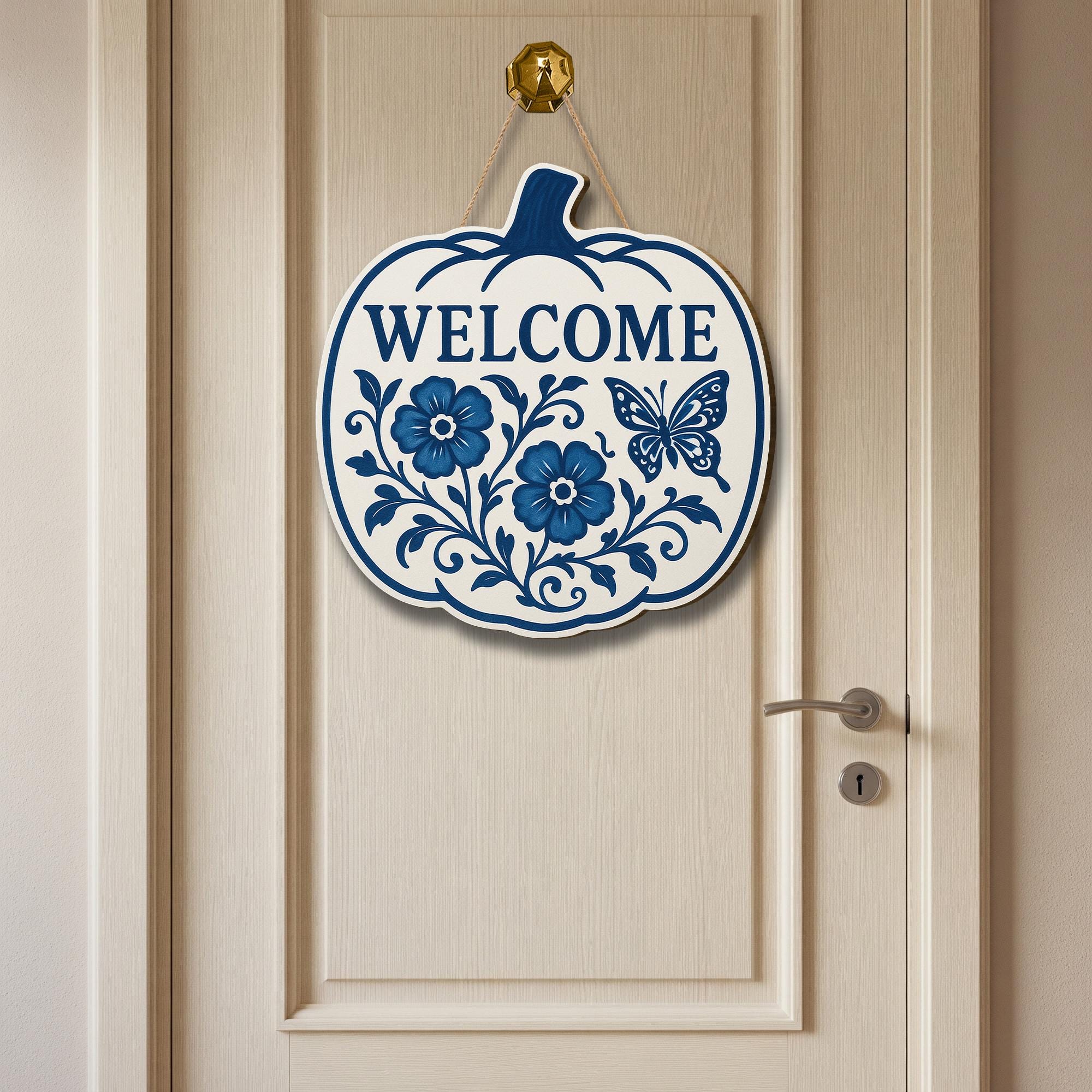 Welcome Fall Sign, Chinoiserie Pumpkin Door Decor, Blue and White Wood Sign, Floral Autumn Wall Art, Cottagecore Front Porch Hanger