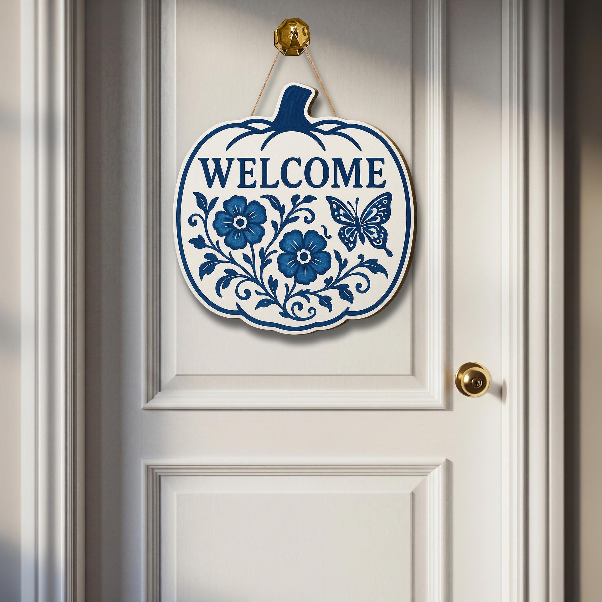 Welcome Fall Sign, Chinoiserie Pumpkin Door Decor, Blue and White Wood Sign, Floral Autumn Wall Art, Cottagecore Front Porch Hanger