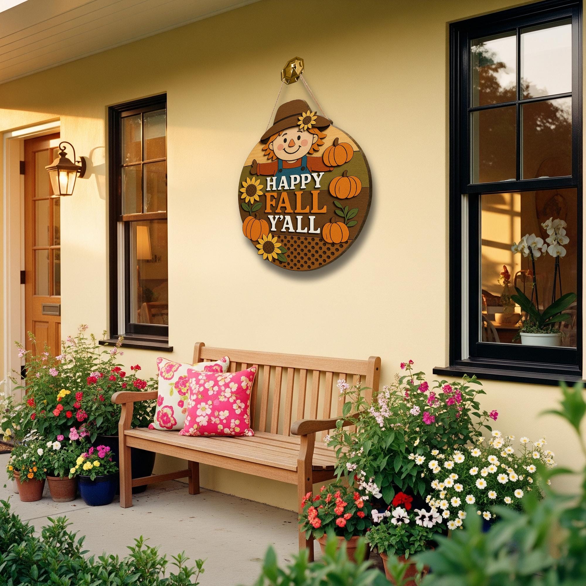 Happy Fall Y’all Door Sign, 3D Wood Scarecrow Decor, Rustic Autumn Porch Sign, Pumpkin Sunflower Fall Wall Art, Farmhouse Welcome Sign