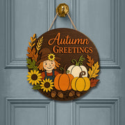 Autumn Greetings Sign, 3D Wood Fall Door Decor, Scarecrow Pumpkin Wall Art, Rustic Farmhouse Porch Sign, Thanksgiving Welcome Sign