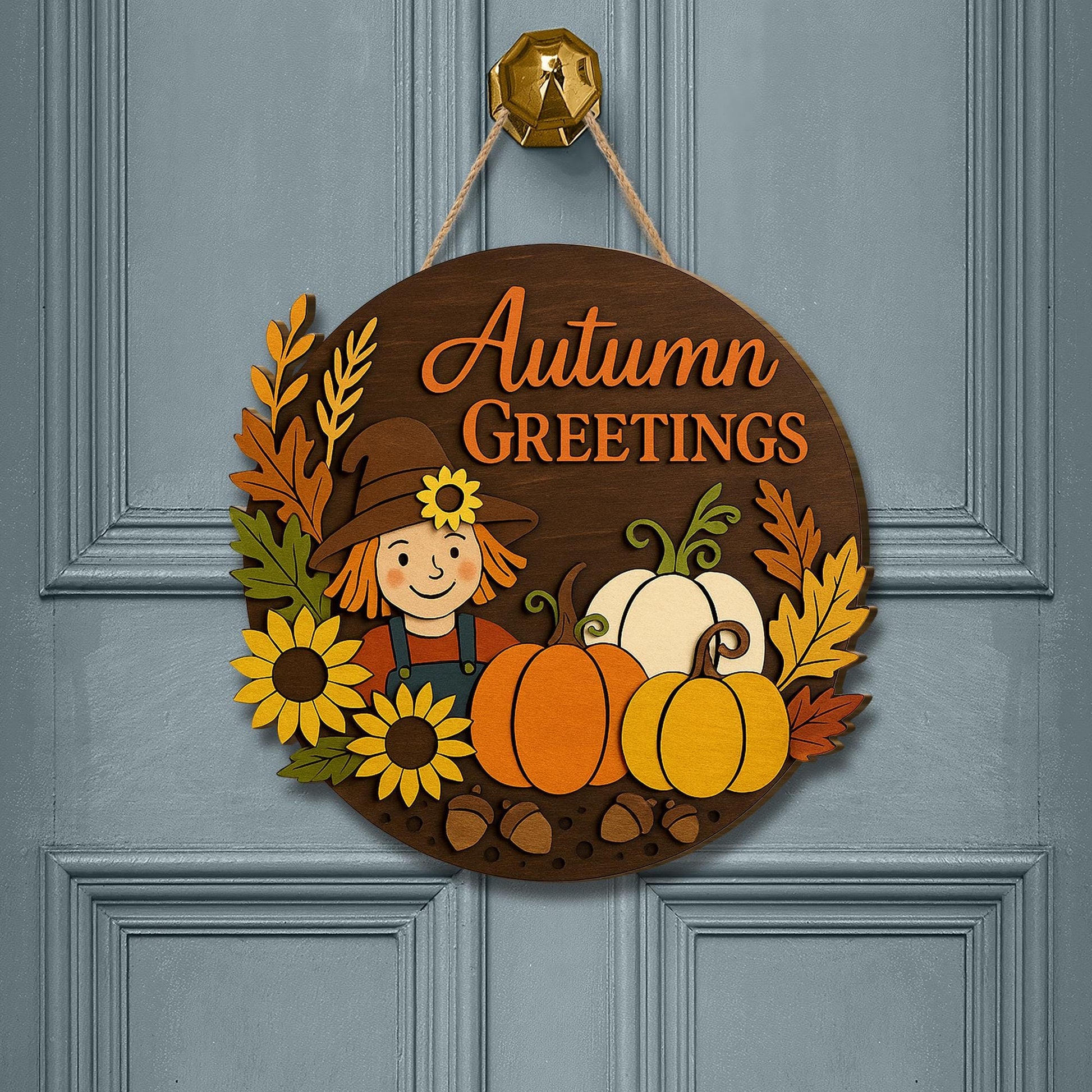 Autumn Greetings Sign, 3D Wood Fall Door Decor, Scarecrow Pumpkin Wall Art, Rustic Farmhouse Porch Sign, Thanksgiving Welcome Sign