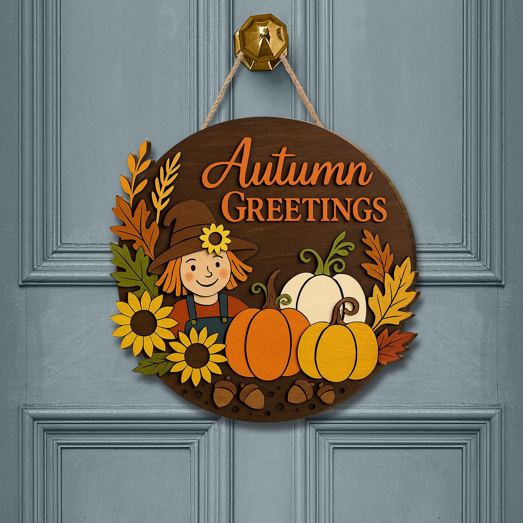Autumn Greetings Sign, 3D Wood Fall Door Decor, Scarecrow Pumpkin Wall Art, Rustic Farmhouse Porch Sign, Thanksgiving Welcome Sign
