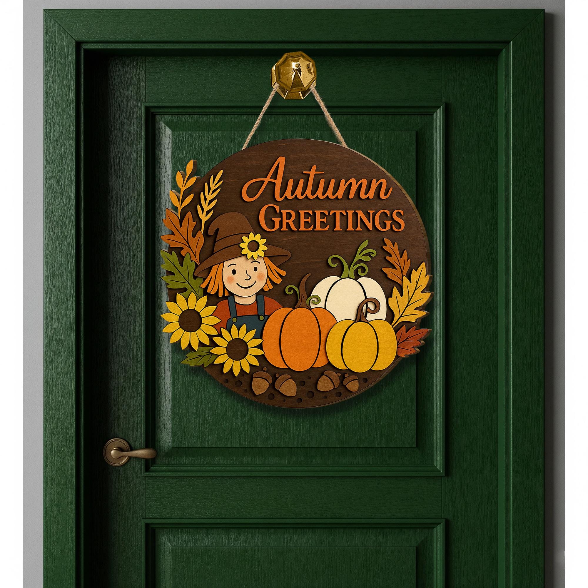 Autumn Greetings Sign, 3D Wood Fall Door Decor, Scarecrow Pumpkin Wall Art, Rustic Farmhouse Porch Sign, Thanksgiving Welcome Sign