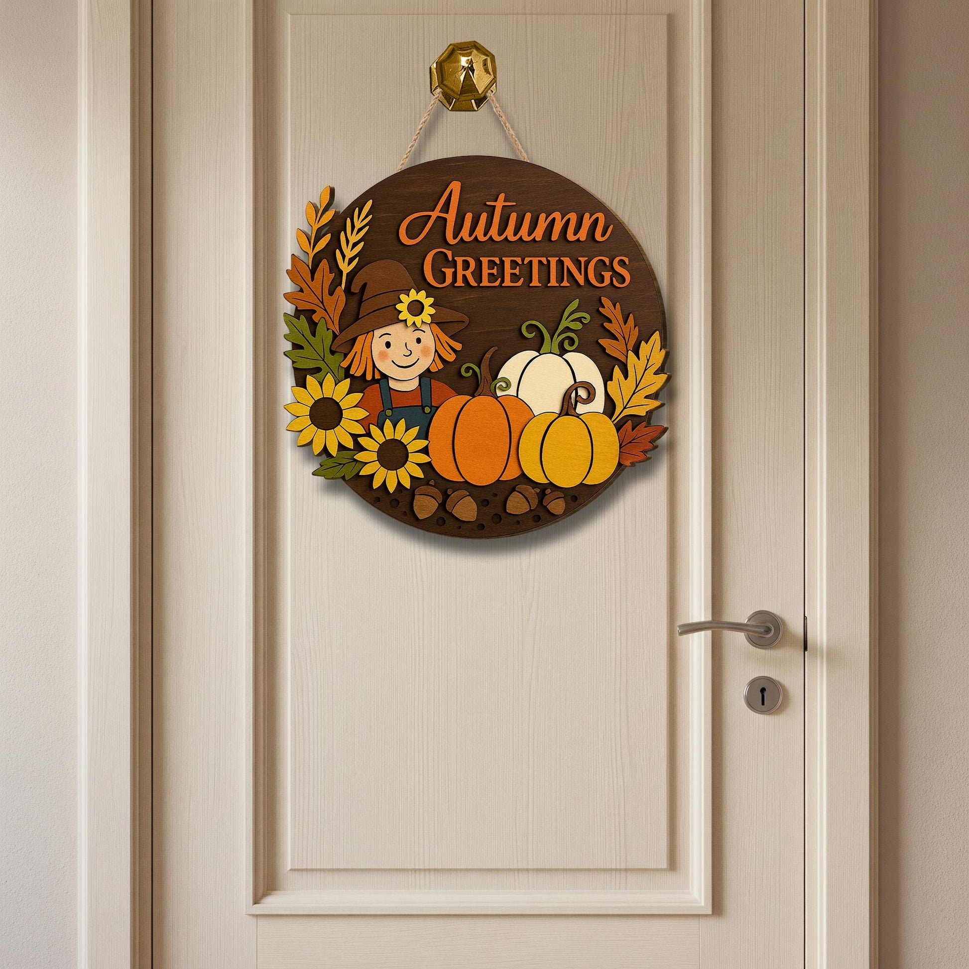 Autumn Greetings Sign, 3D Wood Fall Door Decor, Scarecrow Pumpkin Wall Art, Rustic Farmhouse Porch Sign, Thanksgiving Welcome Sign
