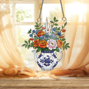 Vintage Teapot Floral Window Hanging – Faux Stained Glass Suncatcher with Candles, Garden Kitchen Decor, Cottagecore Gift