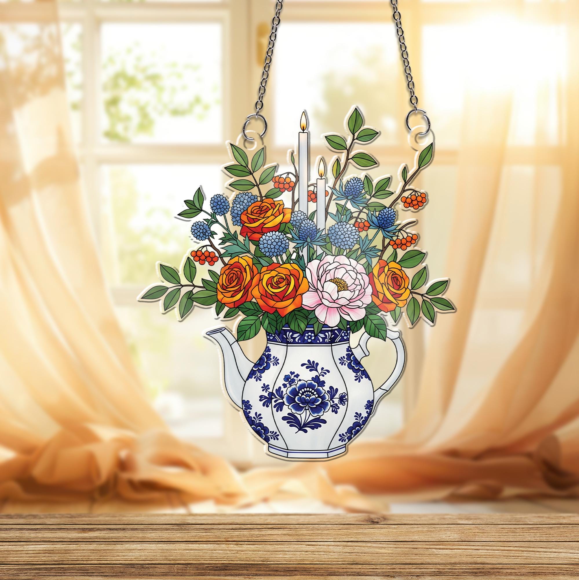 Vintage Teapot Floral Window Hanging – Faux Stained Glass Suncatcher with Candles, Garden Kitchen Decor, Cottagecore Gift