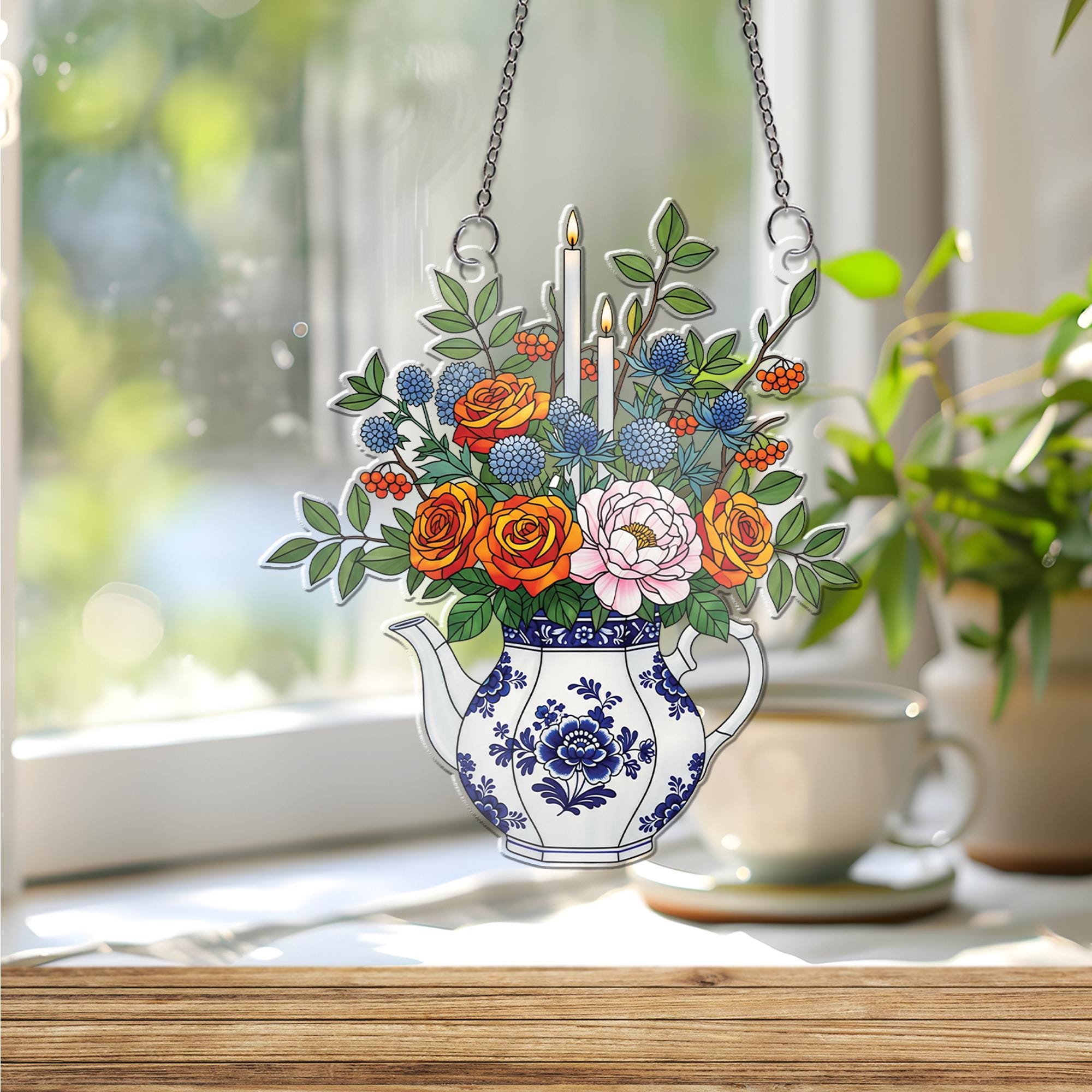 Vintage Teapot Floral Window Hanging – Faux Stained Glass Suncatcher with Candles, Garden Kitchen Decor, Cottagecore Gift