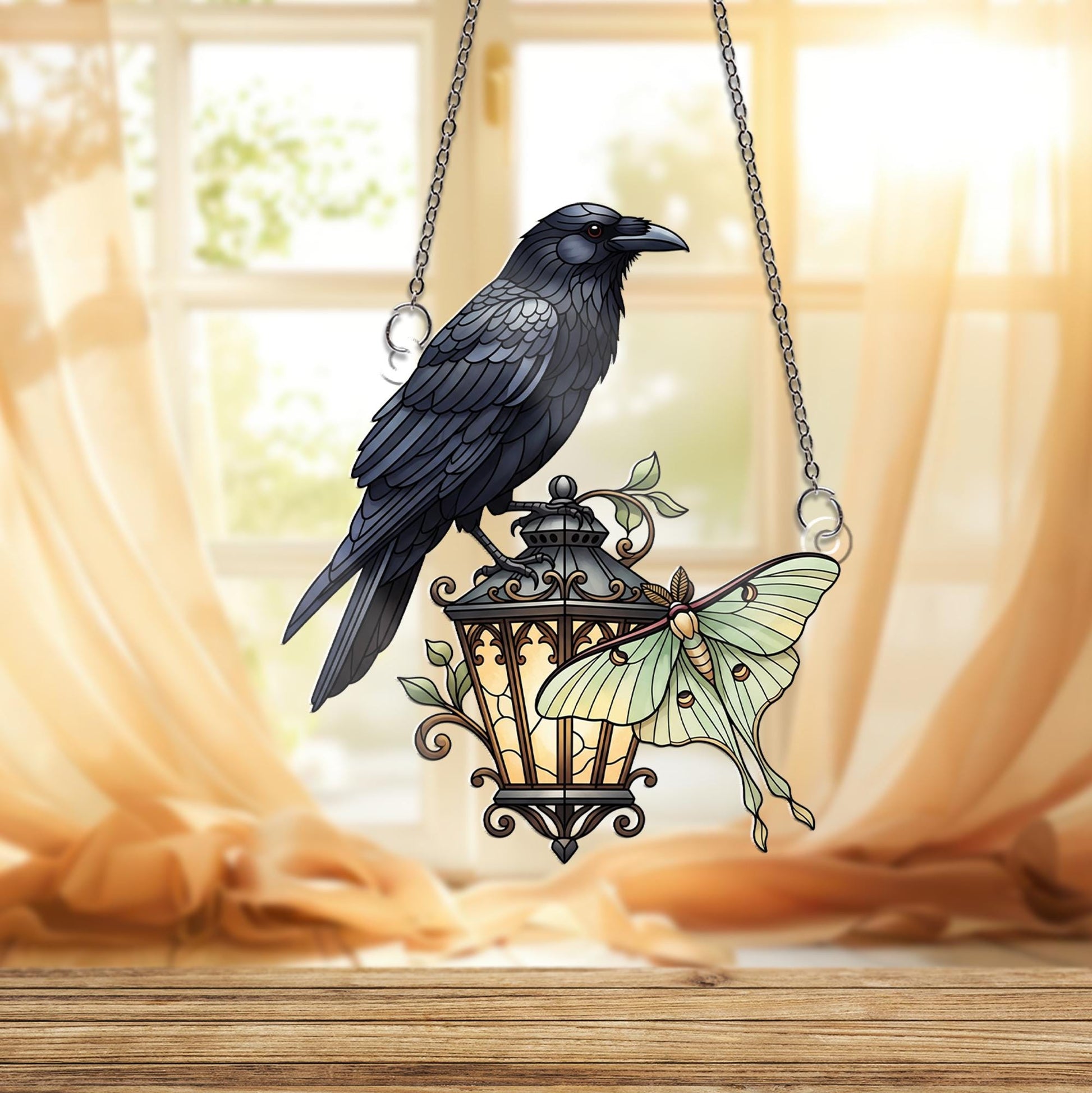 Raven and Luna Moth Window Hanging – Faux Stained Glass Gothic Suncatcher with Lantern, Witchy Home Decor Gift for Nature Lovers