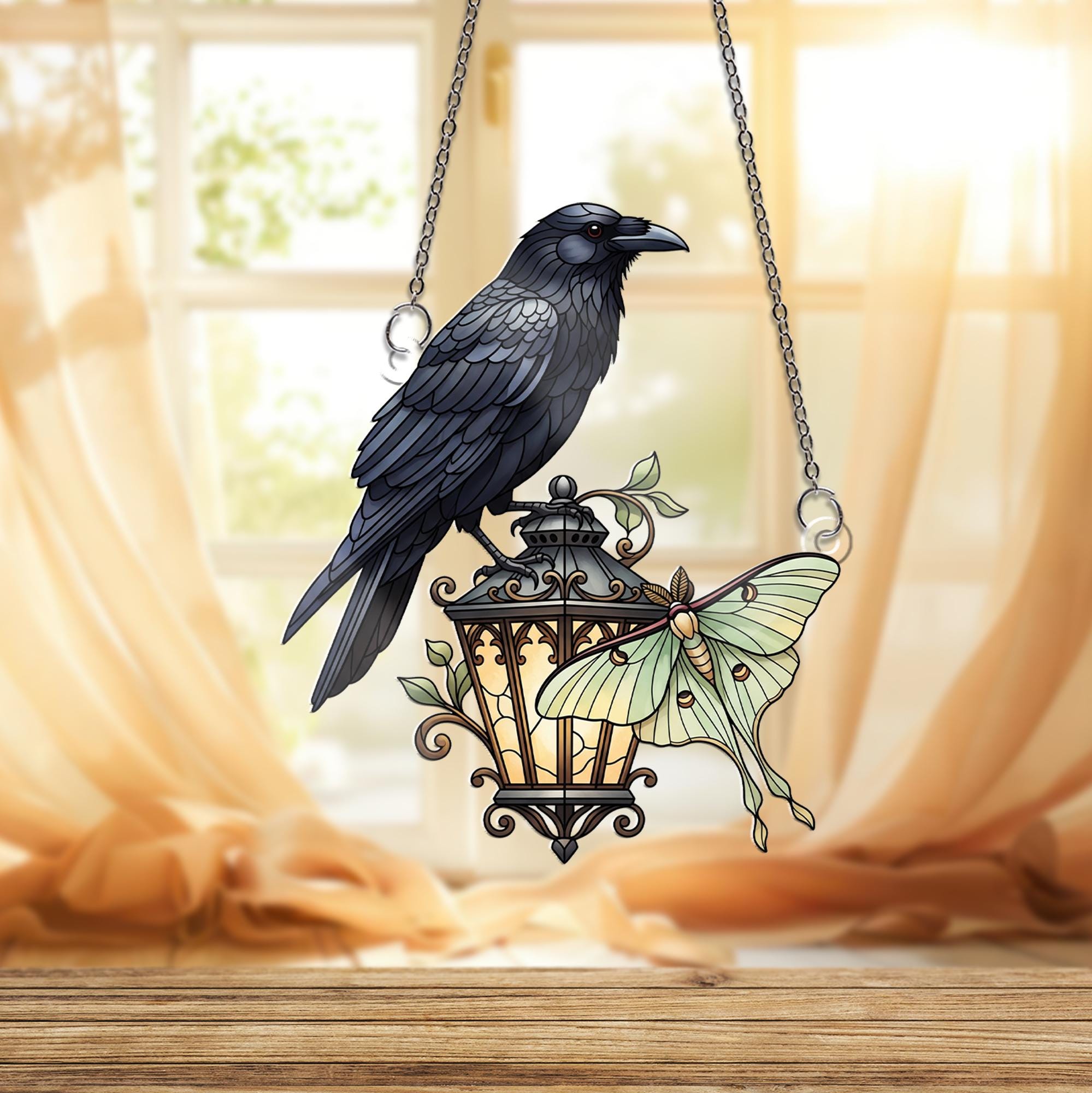 Raven and Luna Moth Window Hanging – Faux Stained Glass Gothic Suncatcher with Lantern, Witchy Home Decor Gift for Nature Lovers