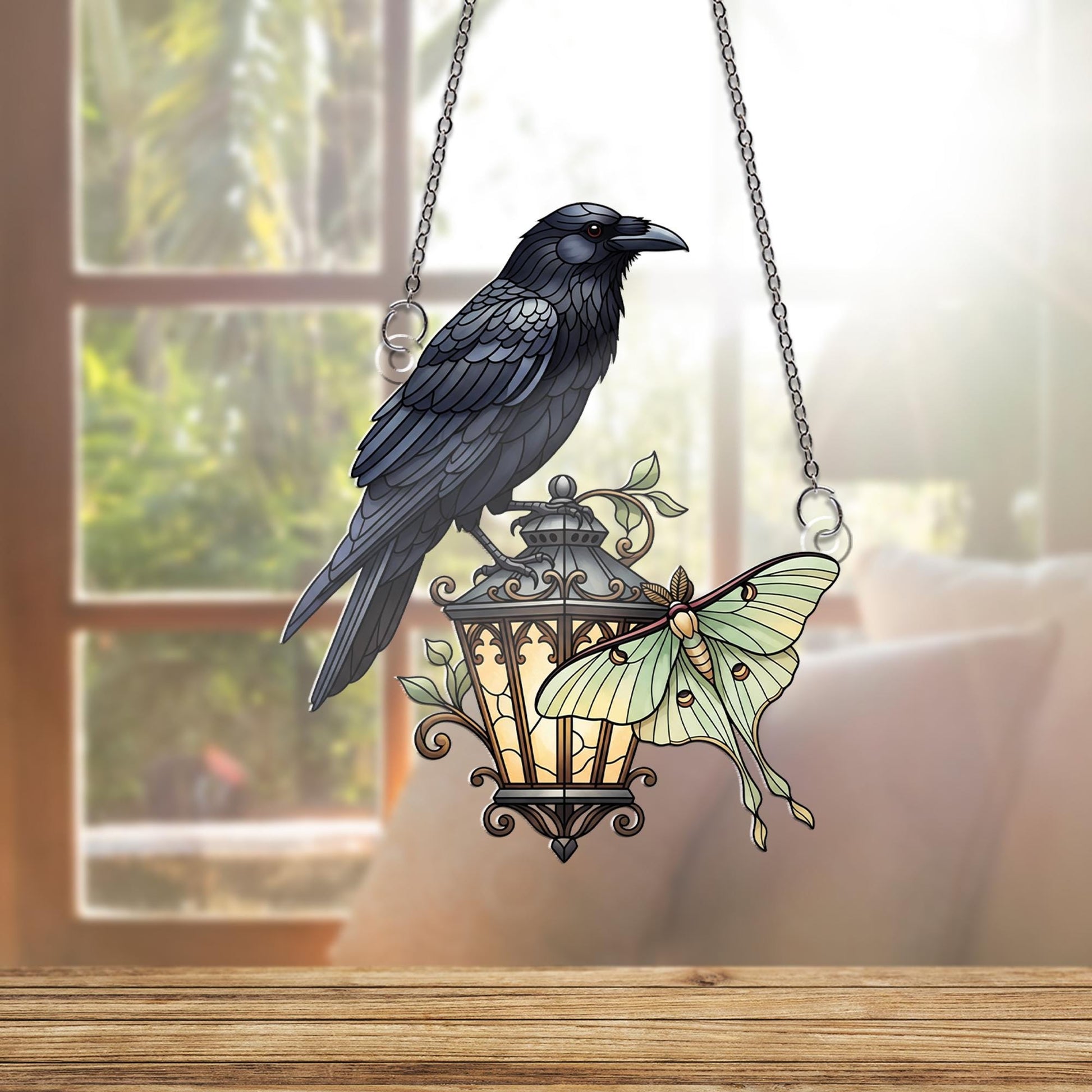 Raven and Luna Moth Window Hanging – Faux Stained Glass Gothic Suncatcher with Lantern, Witchy Home Decor Gift for Nature Lovers