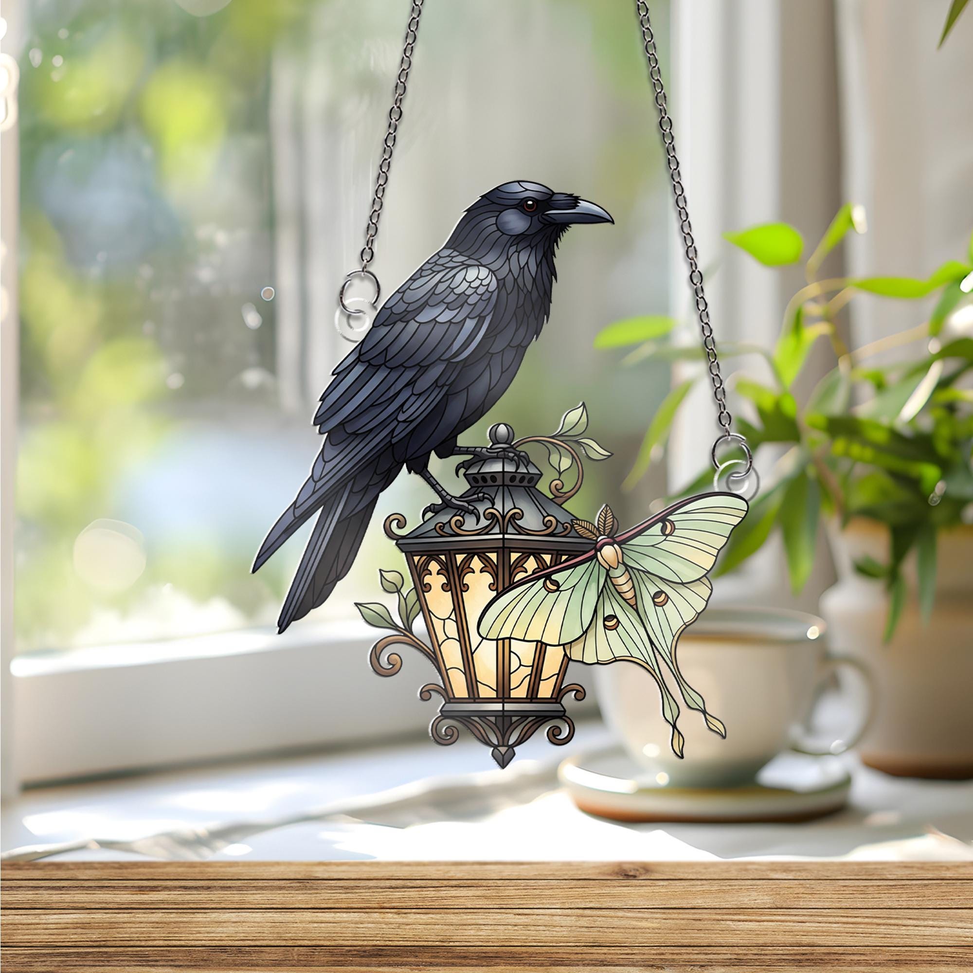 Raven and Luna Moth Window Hanging – Faux Stained Glass Gothic Suncatcher with Lantern, Witchy Home Decor Gift for Nature Lovers