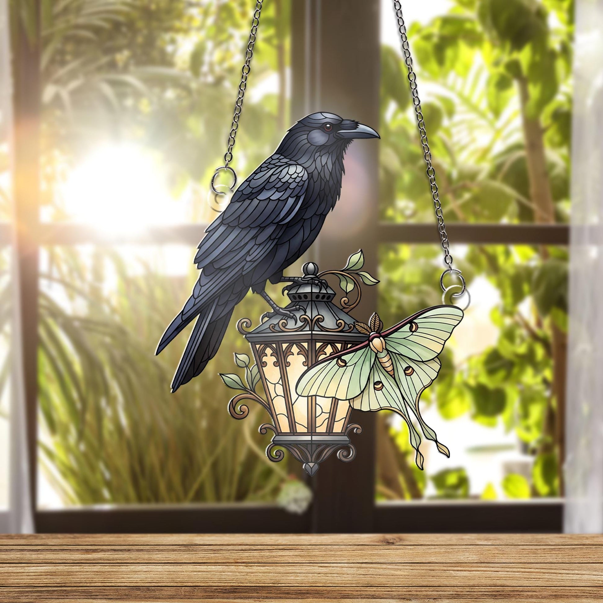 Raven and Luna Moth Window Hanging – Faux Stained Glass Gothic Suncatcher with Lantern, Witchy Home Decor Gift for Nature Lovers