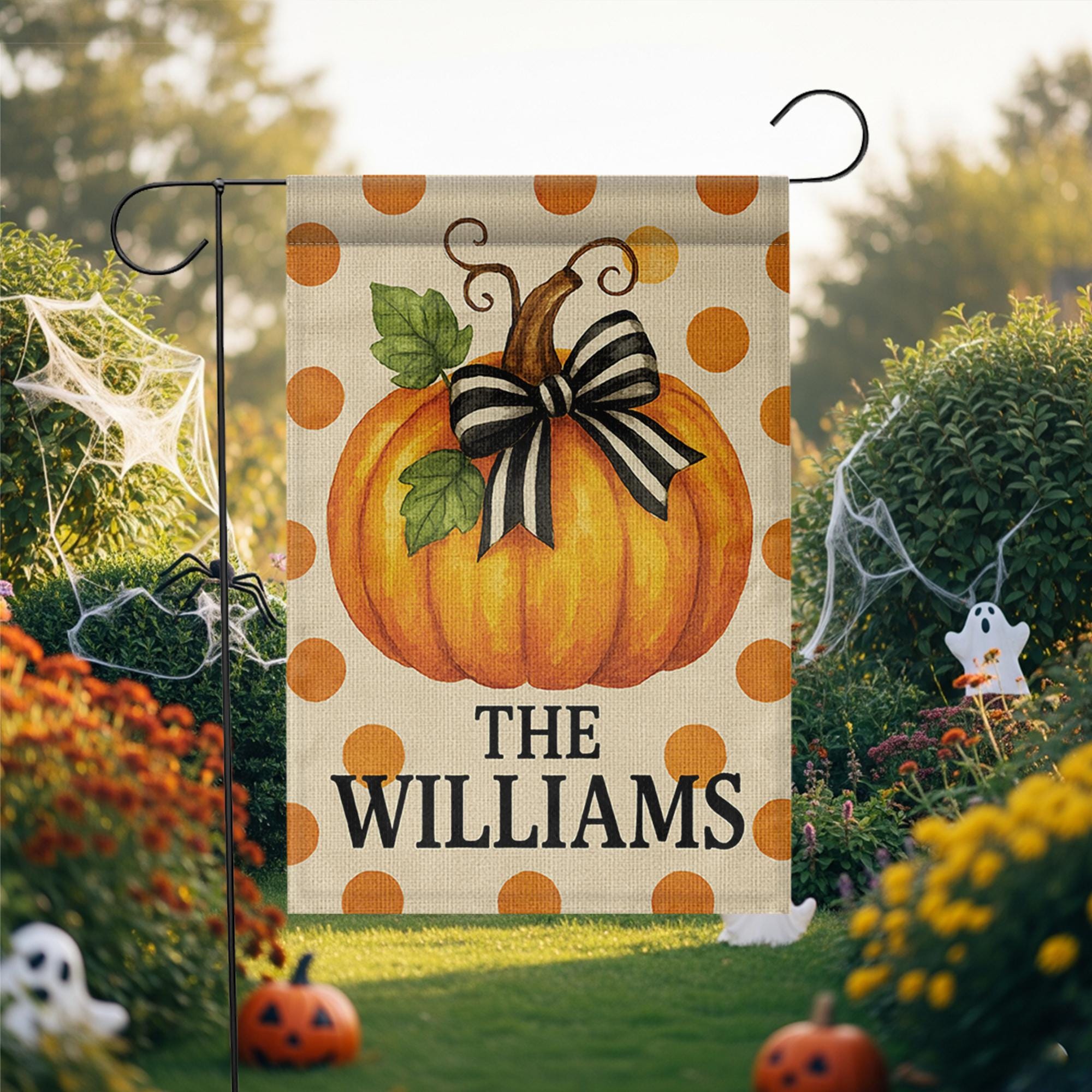 Personalized Fall Garden Flag, Pumpkin Yard Decor with Name, Autumn Outdoor Polka Dot Flag, Custom Family Porch Decoration
